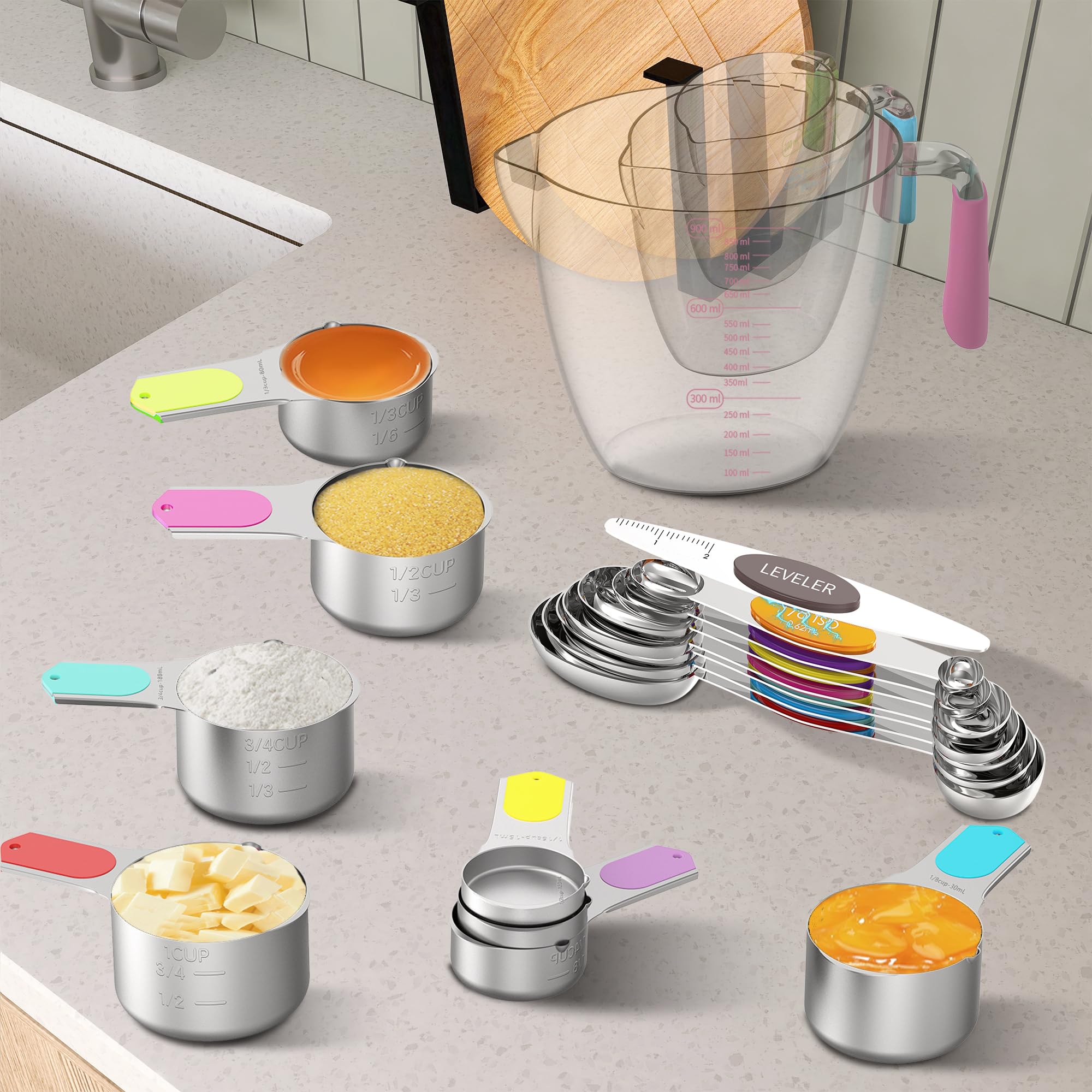 Magnetisches Messbecher- und Löffel-Set, 5 Edelstahl-Messbecher für trockene und flüssige Zutaten, 7 magnetische Messlöffel, 3 Kunststoff-Messbecher mit 1 Messumrechnungstabelle
