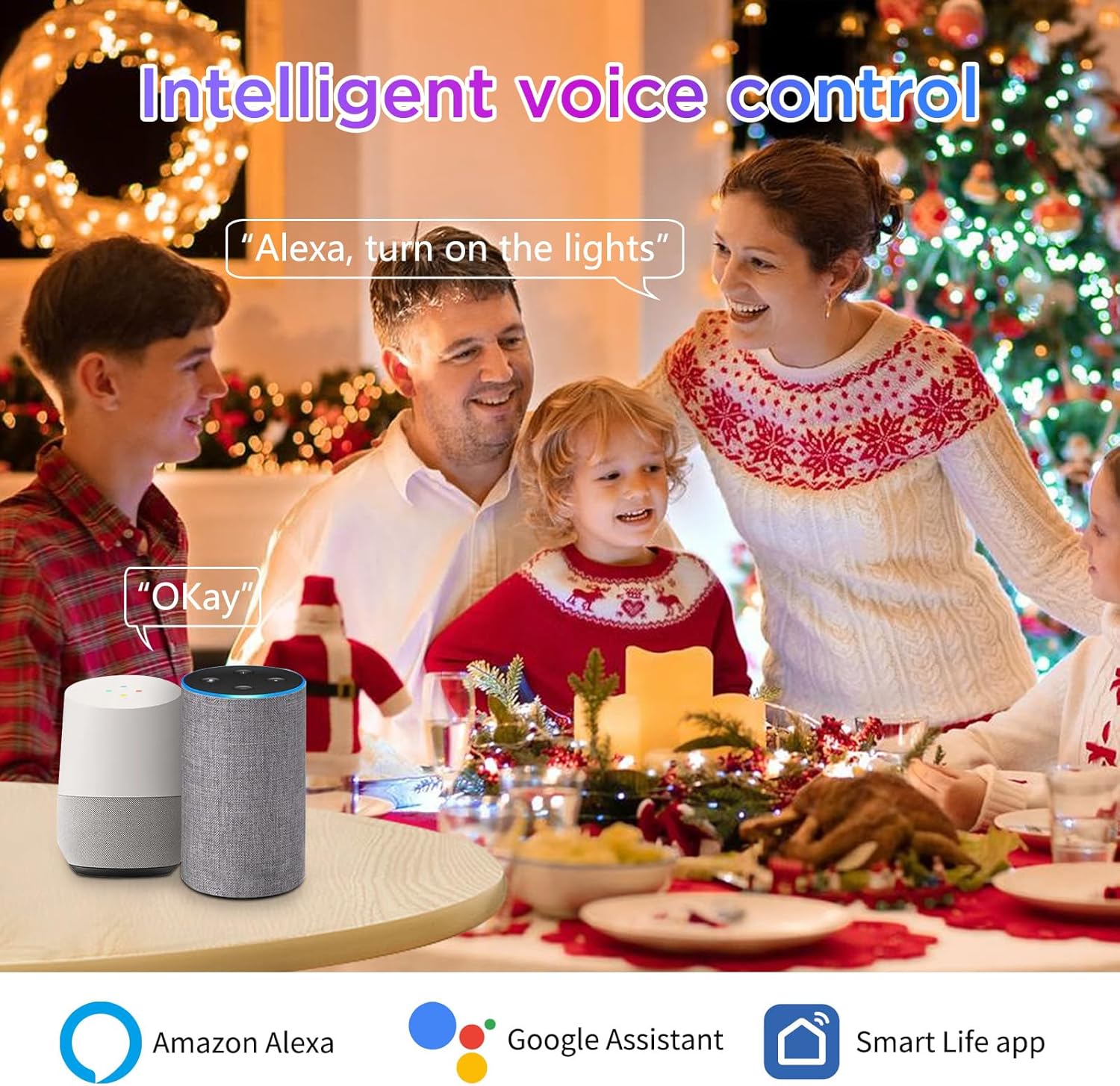 A family interacting with Amazon Alexa and Google Assistant devices to control smart lights, demonstrating voice control functionality.