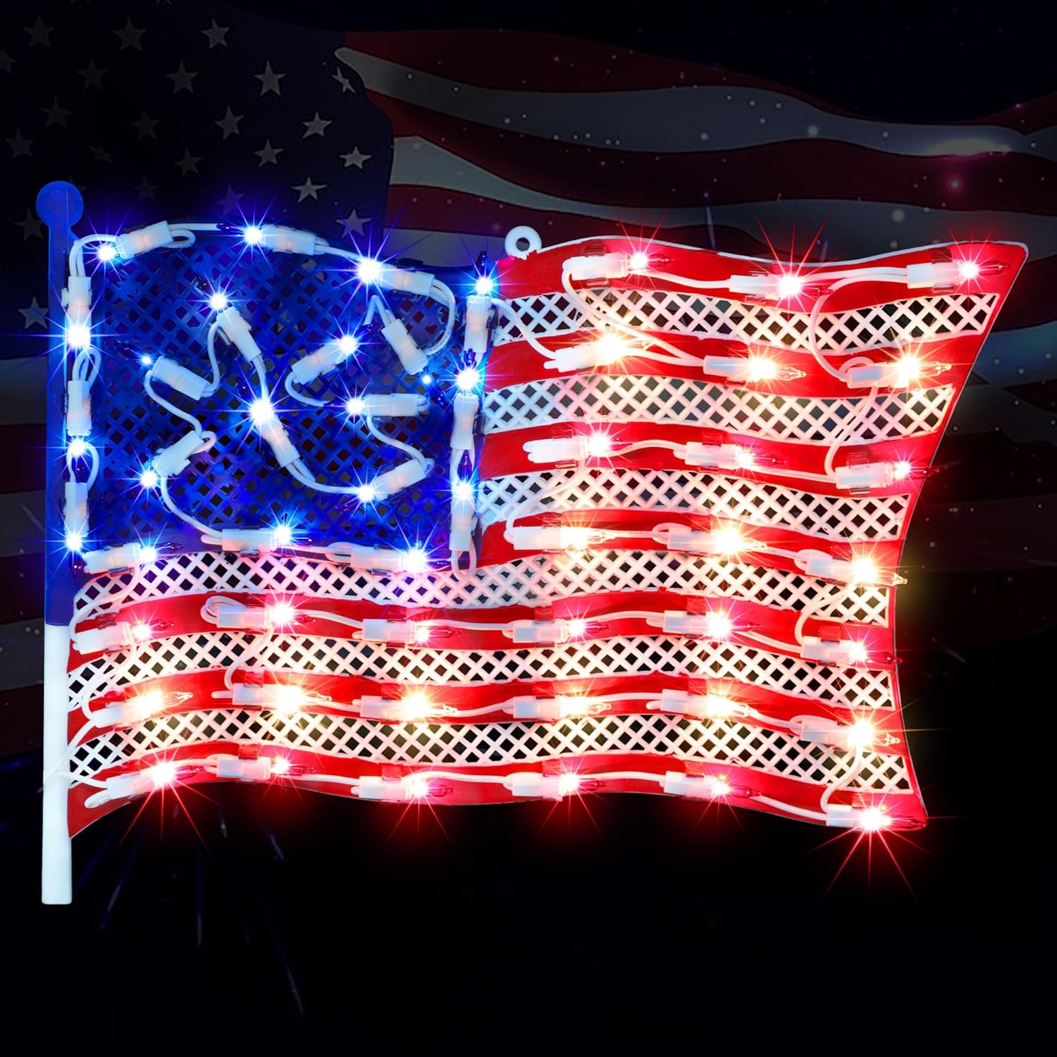 LAMPHOME 14Inch Patriotic Lighted Window Decoration,American Pride USA Flag Lighted Window Hanging - Outdoor Lighted Stars and Stripes Decoration for Home or Office