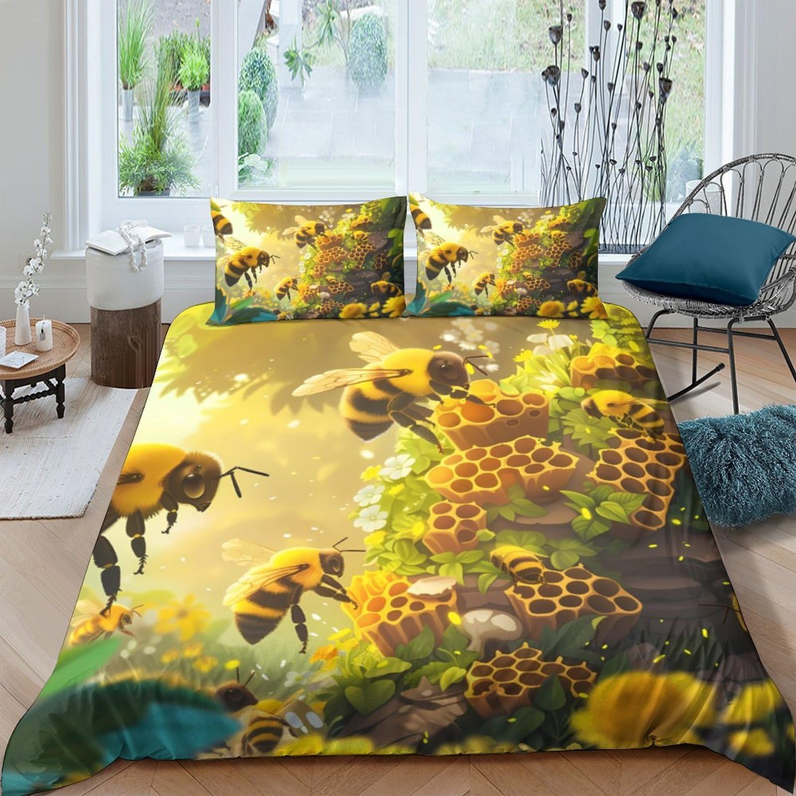 Ctjqhvkz Style-6 3D Printed Sunflower Bee Fitted Sheet Microfiber Non-Slip Golden Honeycomb Mattress Cover Bedroom Decor Single（135X200cm）