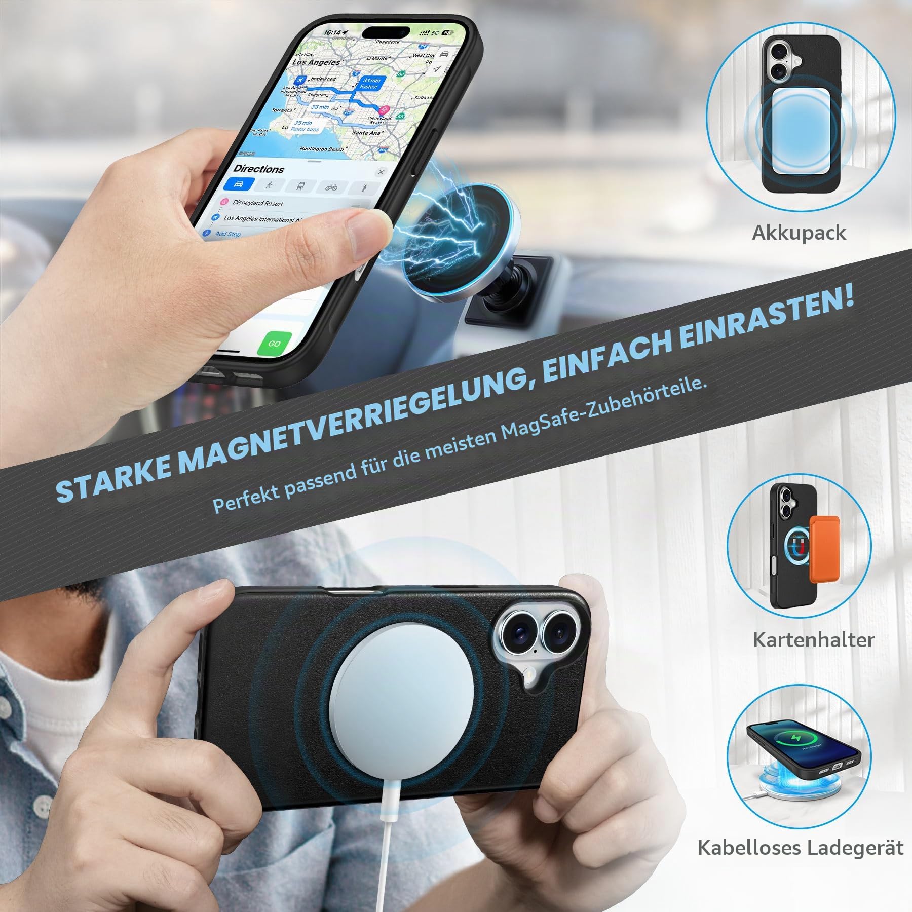 SHIELDON Abnehmbare Echtleder Hülle für iPhone 16 6,1" 5G 2024, Schwarz