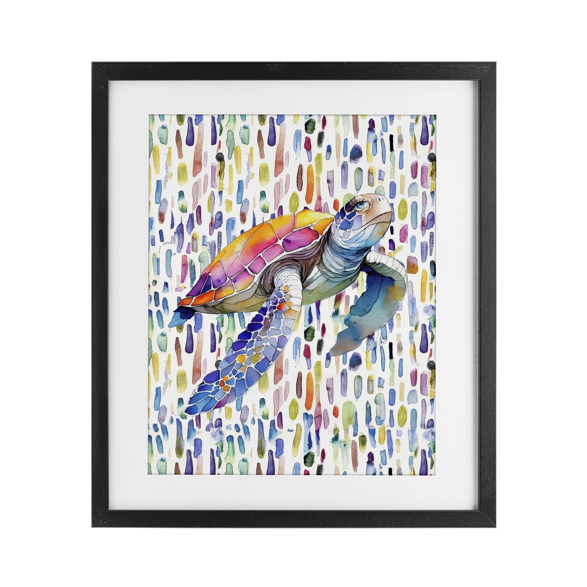 Stupell Industries Midnight Black (Textured) Turtle On Colorful Dots Nautical, 17 X 21 Inch Framed Print Under Glass