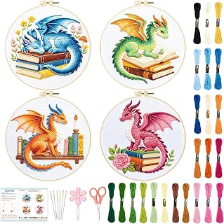 BEUNITONE 4 Set Embroidery Kits for Beginners with Dragon Pre-Print Patterns, DIY Craft Kits Include Instructions and 2 Embroidery Hoops, Cross Stitch Needlepoint Kits for Craft Lover and Home Decor