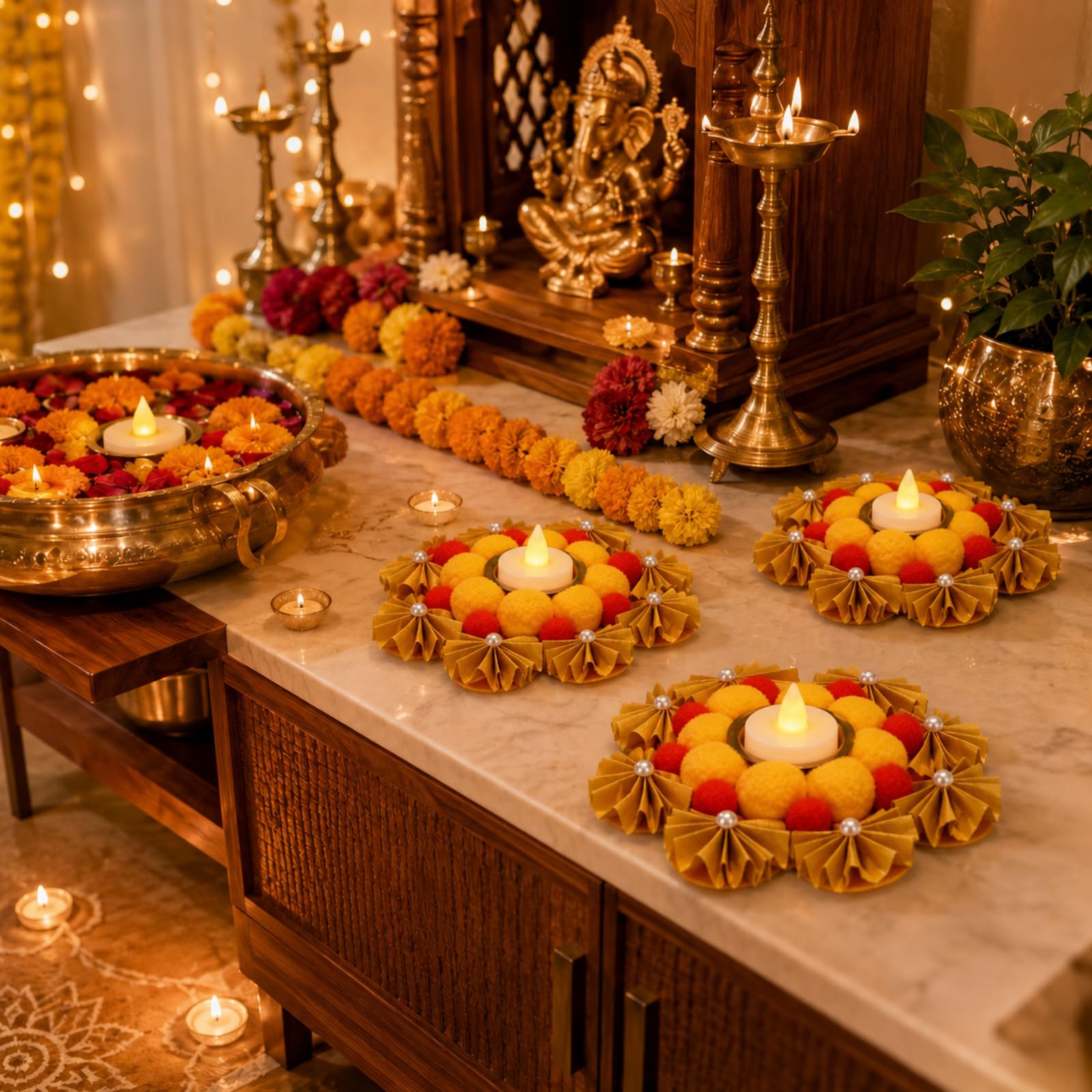 LemonRoad Confezione da 7 tappetini decorativi per Diwali Rangoli da 15,2 cm, per lumini LED, fatti a mano, decorazione per la casa, candele LED, decorazioni con pompon per regalo Pooja