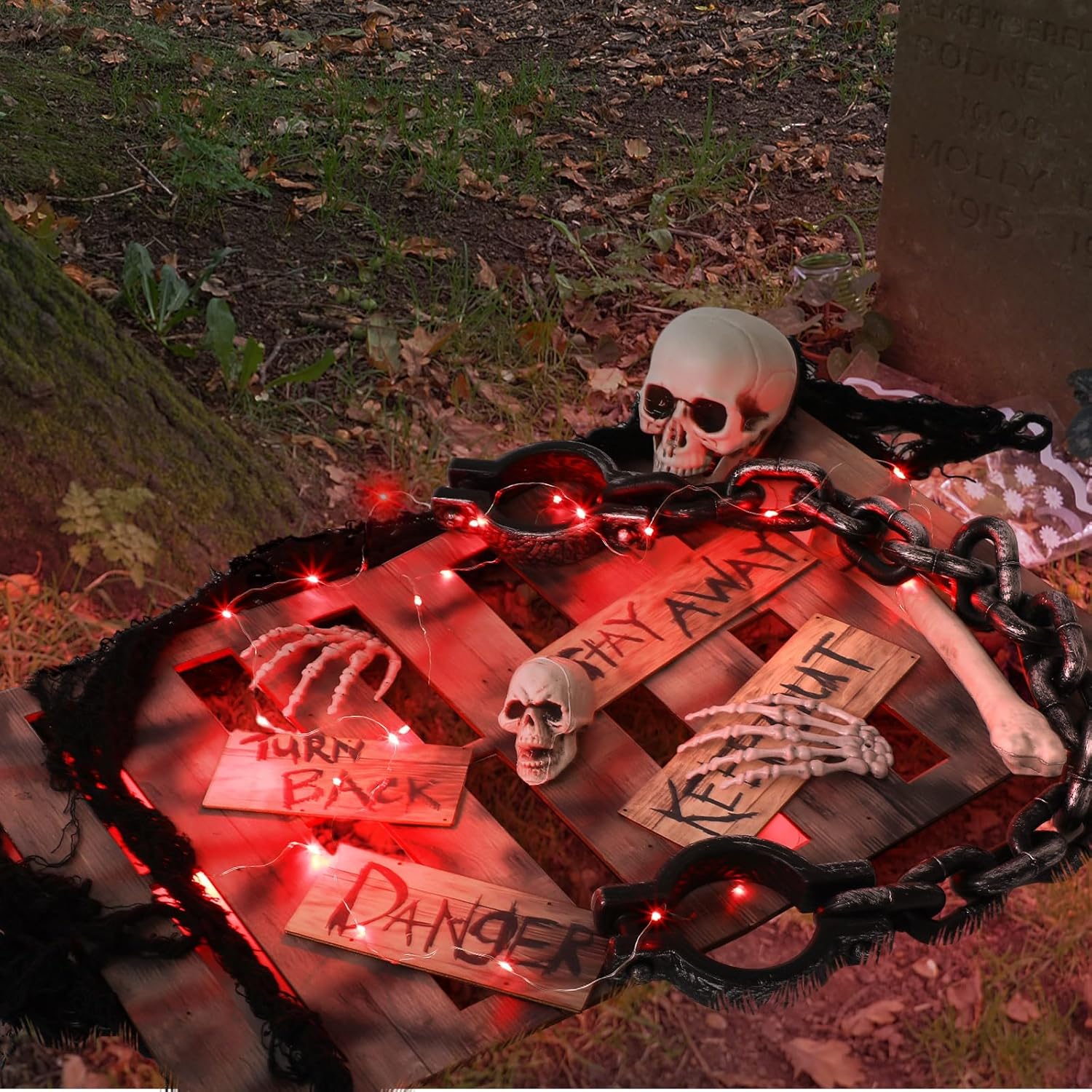 Halloween Decorations Outdoor Set Including Wooden Fence Board 2 Meters of Red String Simulated Skull Leg Bone Handcuffs Simulated Hands for Halloween Party Yard Lawn Garden Outdoor
