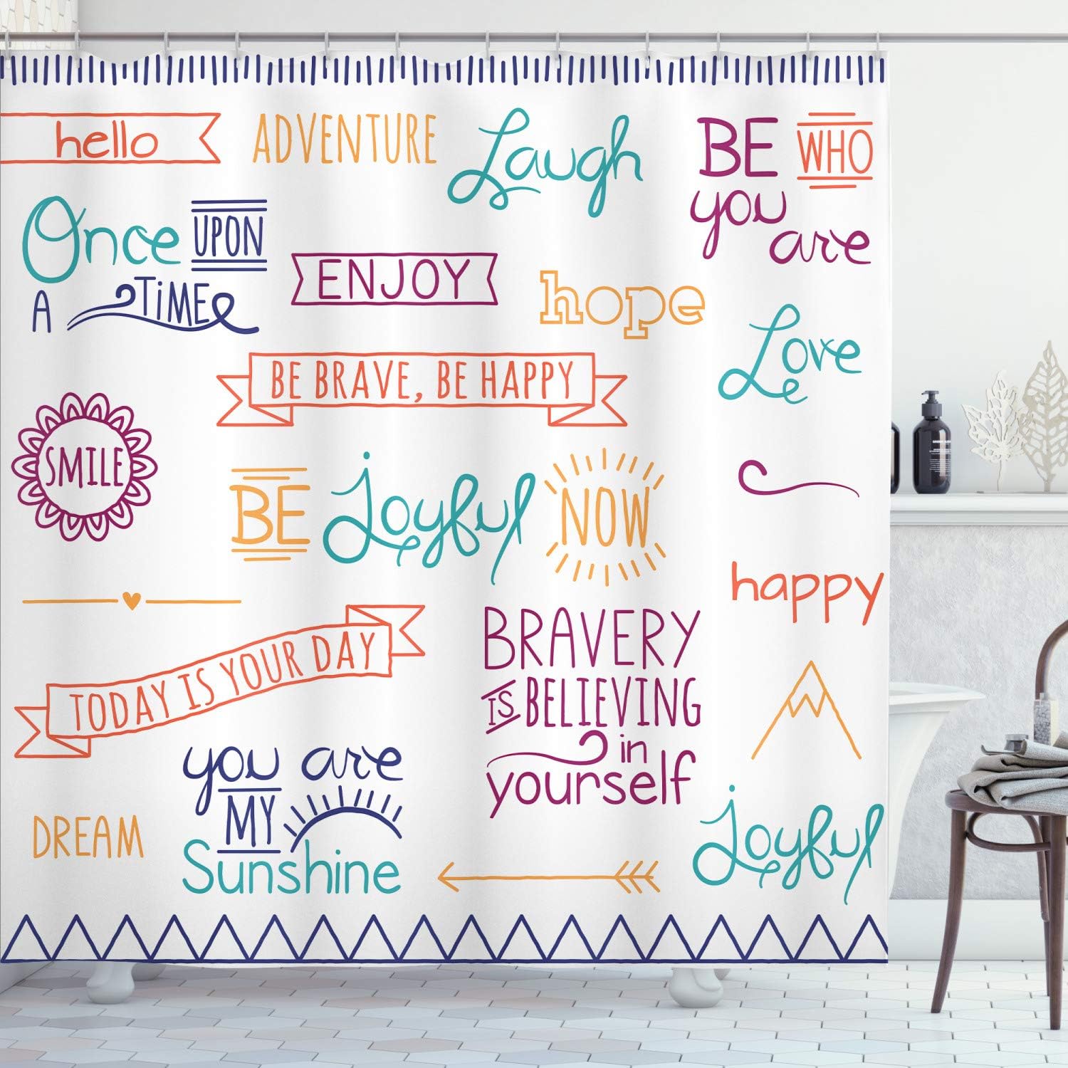 Ambesonne Adventure Shower Curtain, Various Words on Happiness and Self Value Uplifting Phrases Being Who You are, Cloth Fabric Bathroom Decor Set with Hooks, 69" W x 84" L, Dark Purple