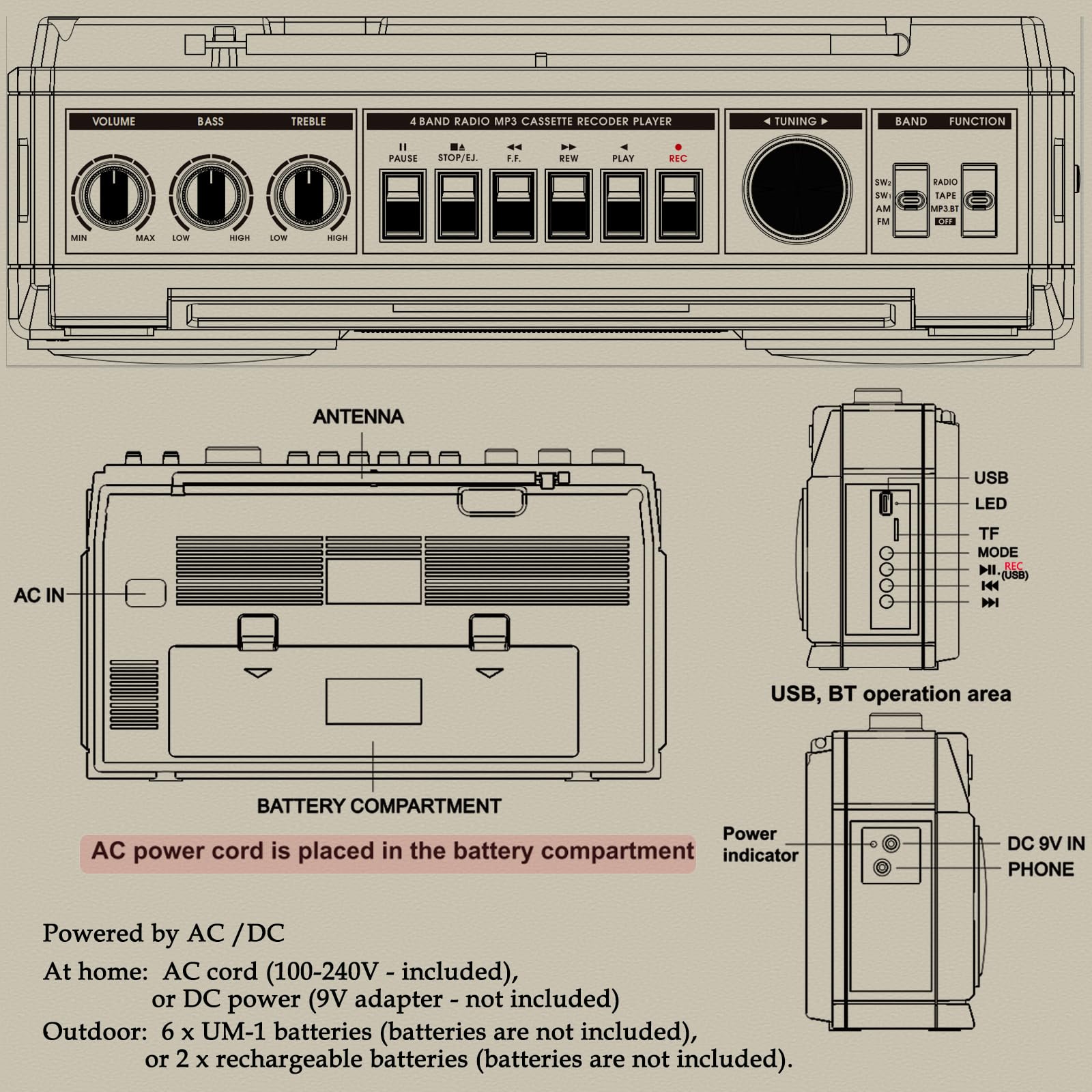 Boombox Rétro Années 80 Bluetooth Lecteur Cassette Radio AM/FM/OC 24W Portable USB Micro SD