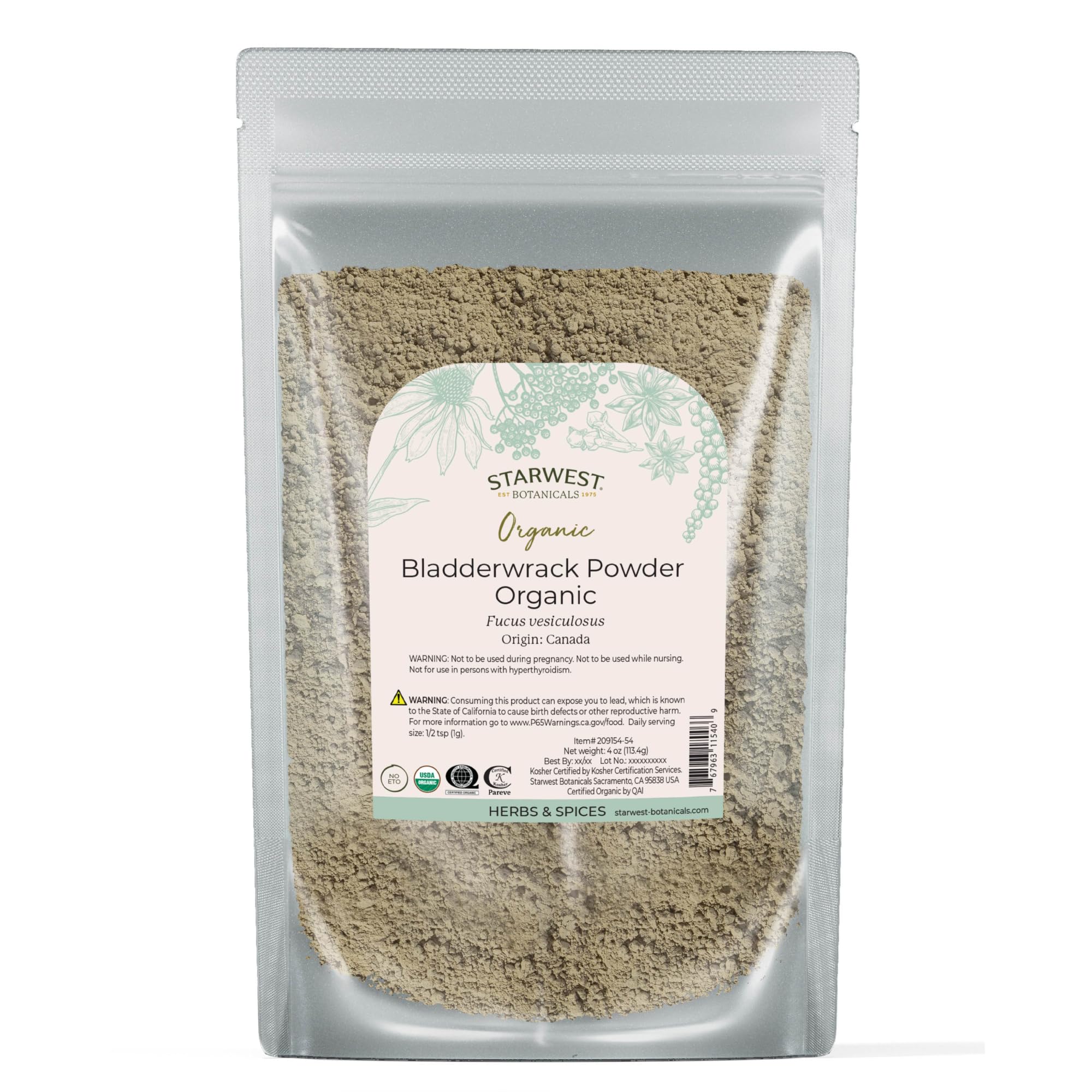 Starwest Botanicals Dried Bladderwrack Organic Powder, Non-GMO - 4 oz Pouch 4 Ounce (Pack of 1)