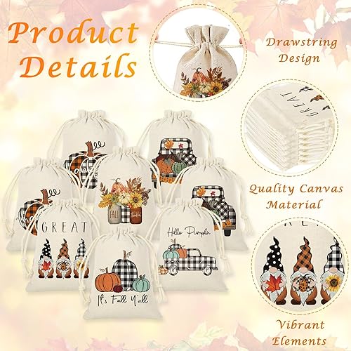 Miniatura 3 de Waline - 24 bolsas de arpillera de otoño, 4 x 6 pulgadas, diseño de gnomos a cuadros de búfalo con etiqueta Kraft de hoja de arce para dulces