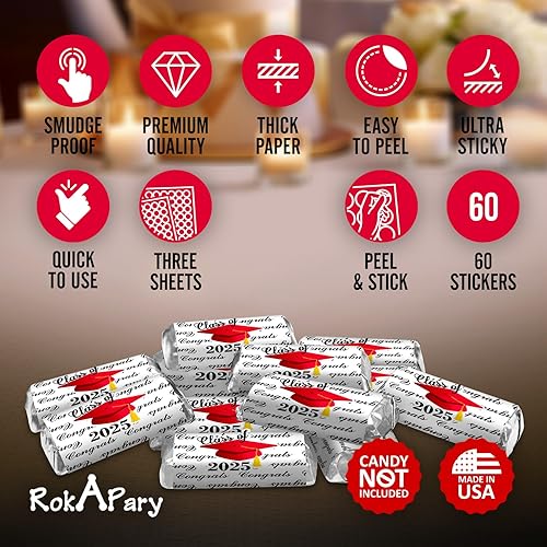 Miniatura 3 de 60 tapas de graduación para fiesta clase de 2025 en miniatura, juego de 60 mini calcomanías de barra de chocolate con caramelo, etiquetas, dulces no