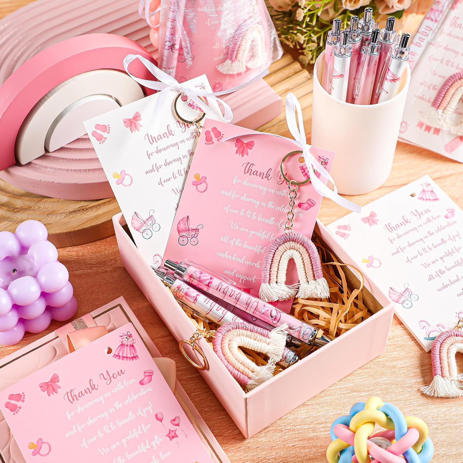 Halloscume 20 Set Girls and Boys Baby Shower Favors Gifts for Guests Baby Shower Pens Rainbow Cloud Boho Keychain Thank You Cards and Organza Bags for Gender Reveal Party Favor(Pink)