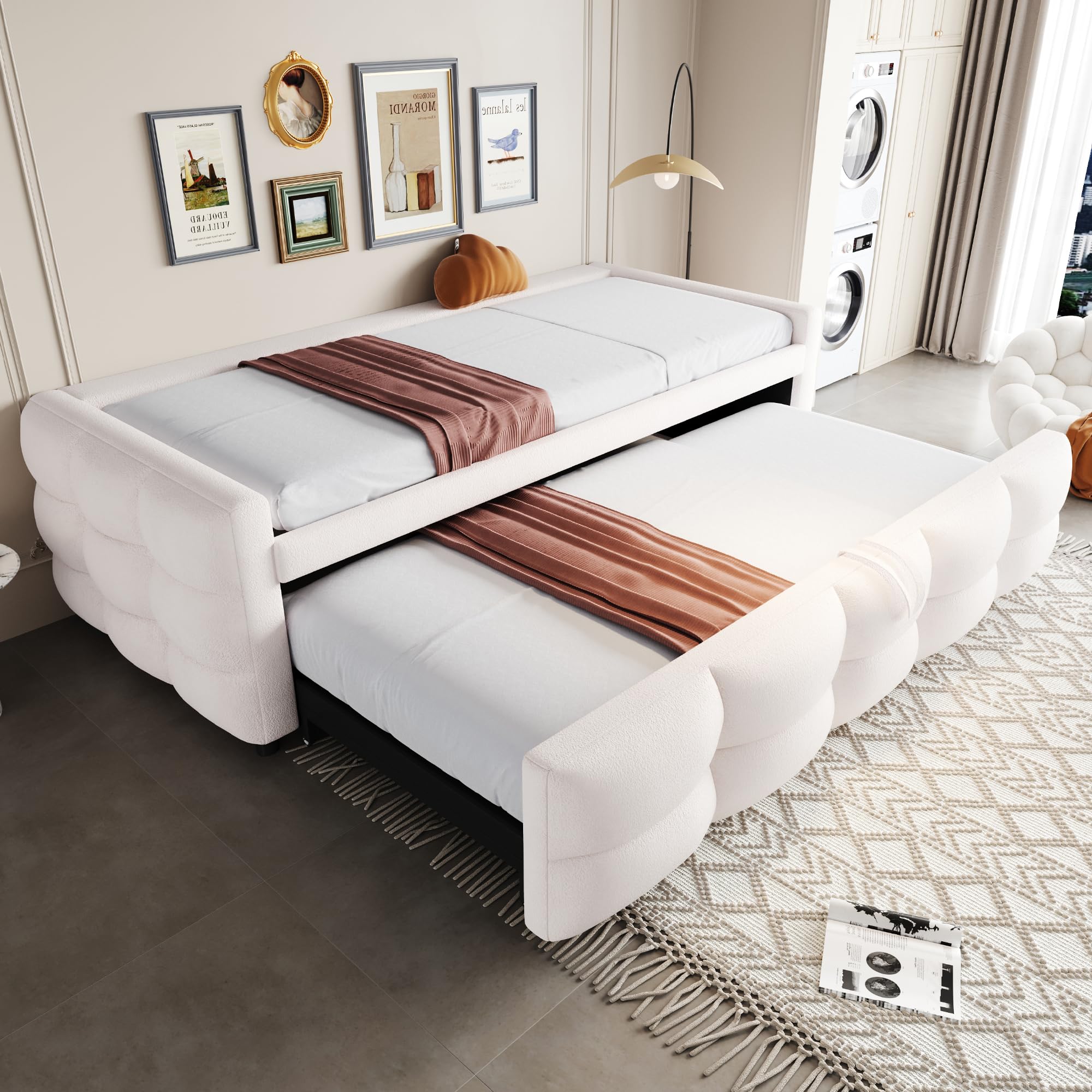 Zepneiy Lit 90/180x190 cm, Canapé lit avec canapé-lit gigogne, Canape lit 2 Places avec sommier à Lattes, Tissu Velourss Beige (sans Matelas)
