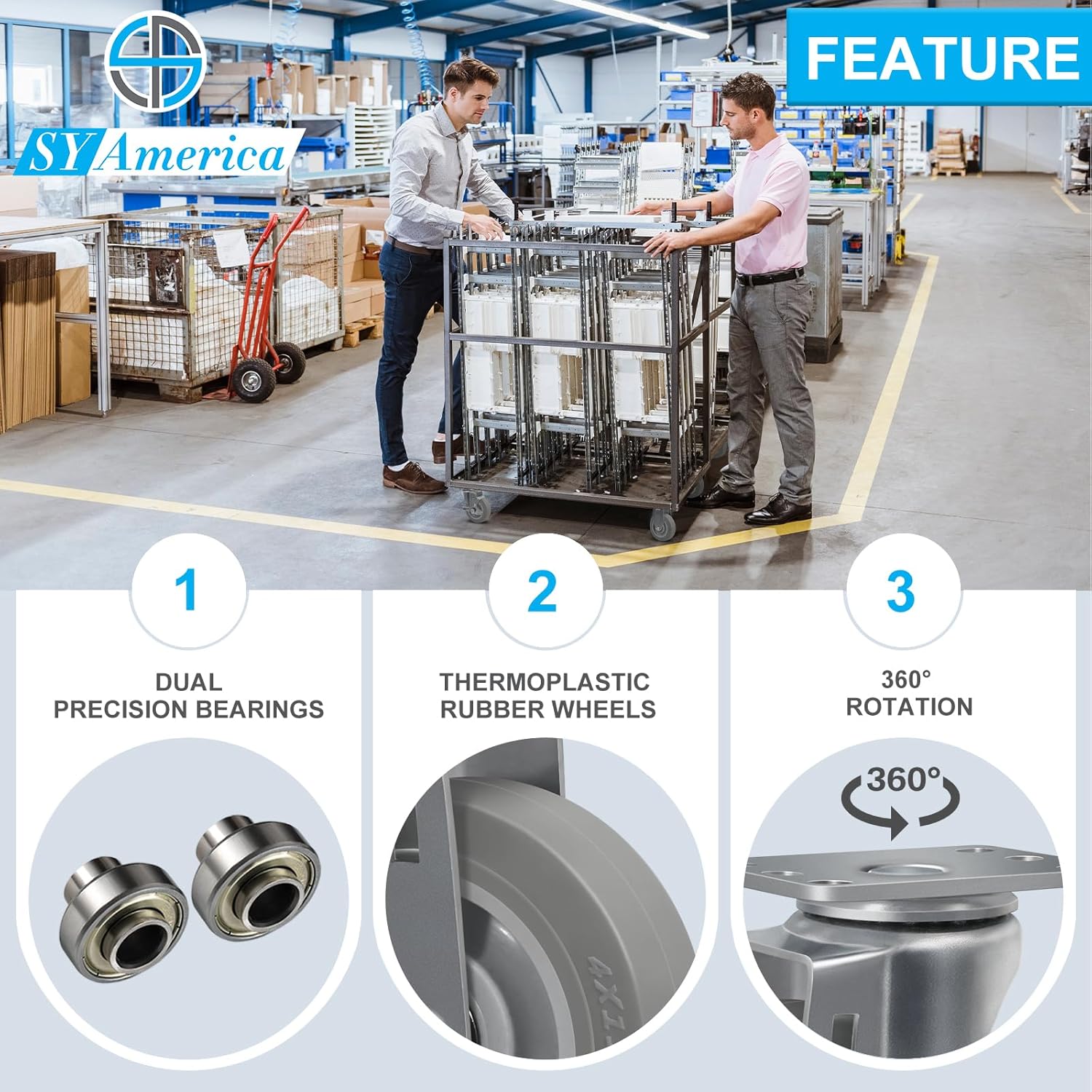 SY America 4" Caster Wheels,Industrial Casters, Heavy Duty Casters Set of 4,Non-Marking Thermoplastic Rubber Castor Wheels for Cart, Furniture and Workbench, 2 Swivel & 2 Rigid, 1200 lbs Capacity