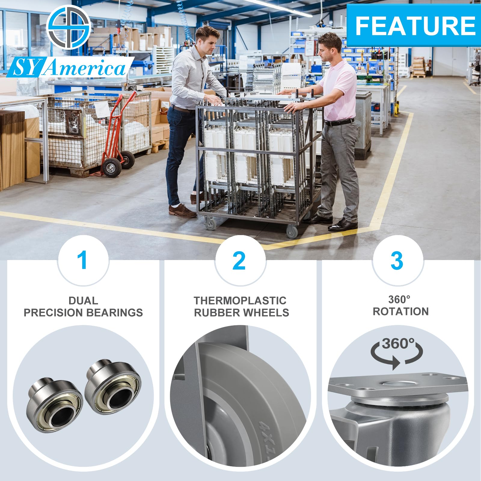 SY America - Set di 4 ruote girevoli industriali, ruote girevoli da 10,2 cm, in gomma termoplastica non lascia segni, per carrelli, mobili e banco da lavoro, 2 girevoli e 2 rigide, capacità 544 kg