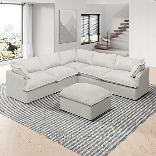 V Shape Cloud Sectional Sofa,6 Seaters Comfy Modular Couch with Movable Ottoman,Deep Seater Couches,Down Fill Sofa for Living Room,Detachable Couch Covers,Corner Sofa for Home,Linen,Grey