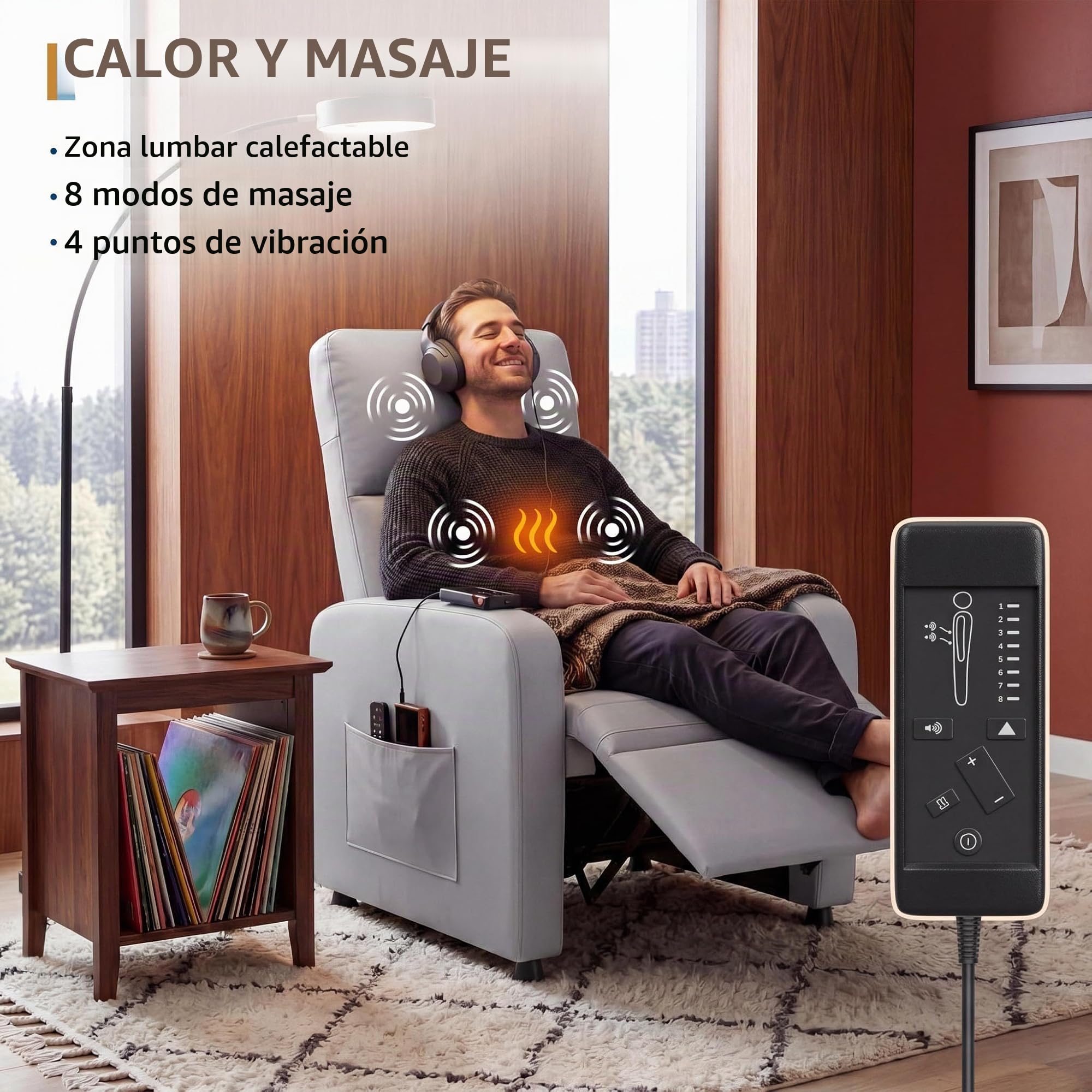 GarveeLife Sillón Reclinable Eléctrico con Masaje y Calor, Polipiel, Gris | Con estructura de hierro, respaldo eléctrico regulable, para salón o sala de estar, cada unidad mide 83 x 76 x 102 cm