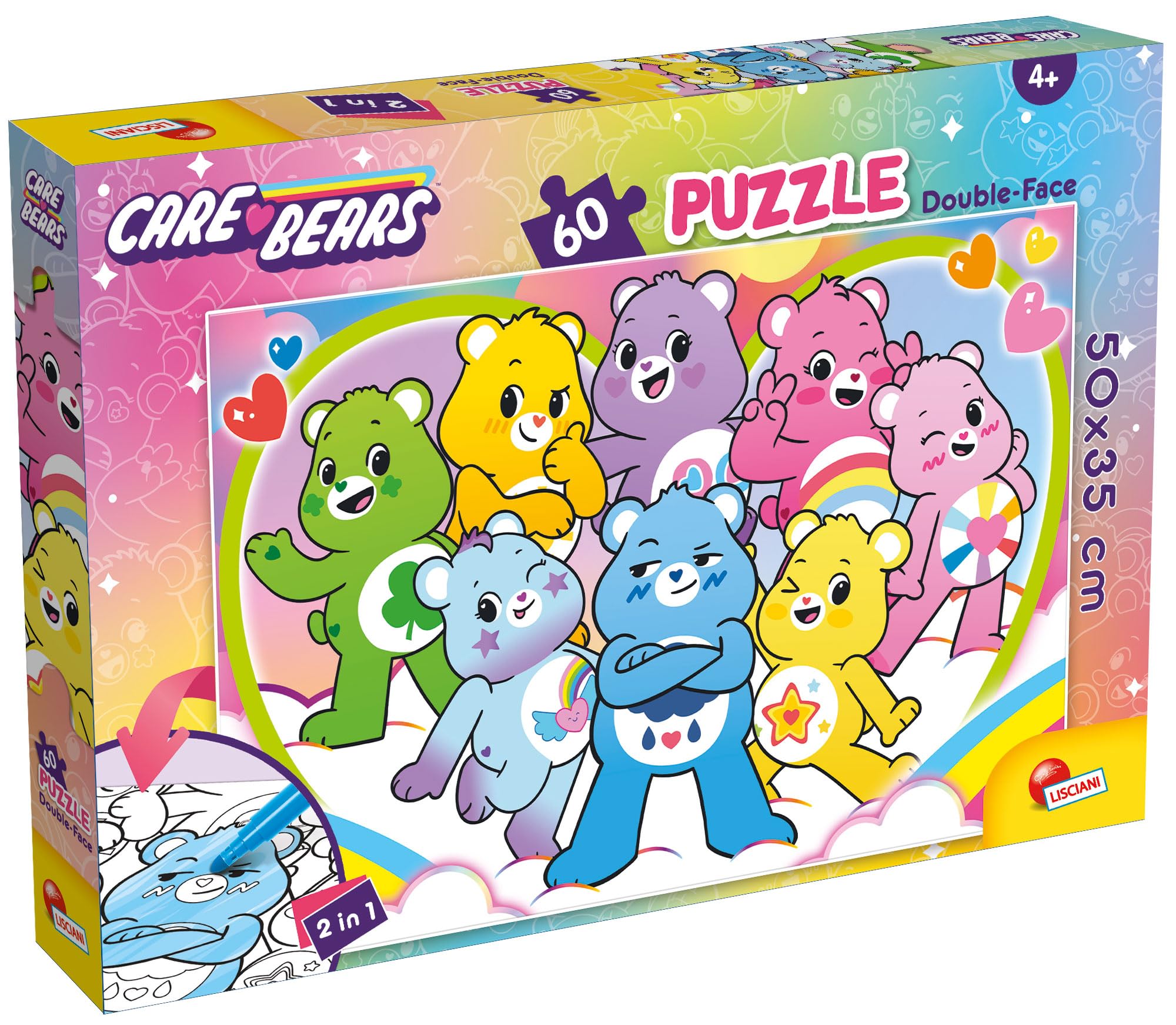 Lisciani - Care Bears - Educational Puzzle for Children 4+ - 60 Pieces - Double-Sided Puzzle to Color on the Back - Size 50 x 35 cm - Care Bears Creative Cartoon Activity - Fine Motor Skills