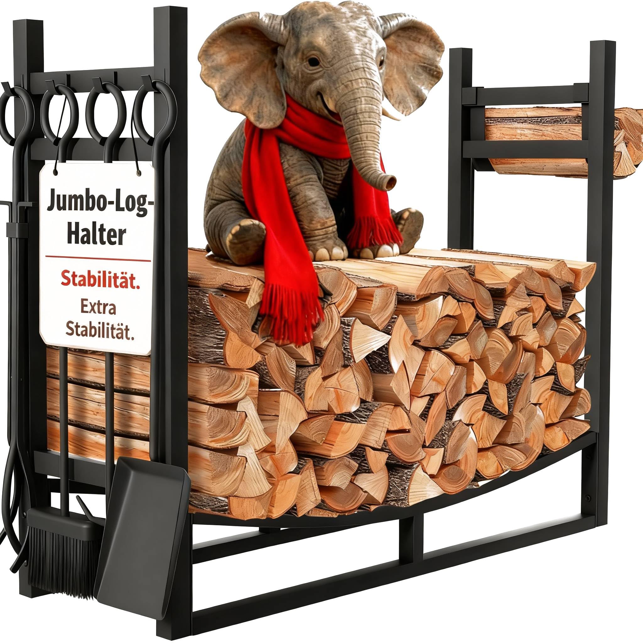 Amagabeli XXL Kaminholzregal mit 4 Kaminwerkzeug 90cmx78cmx33cm Großes breites Brennholzregal Kaminwerkzeugregal für Innen Außen Anzündholzhalter Holzlager Ständer Werkzeuge Herdzubehör Schwarz