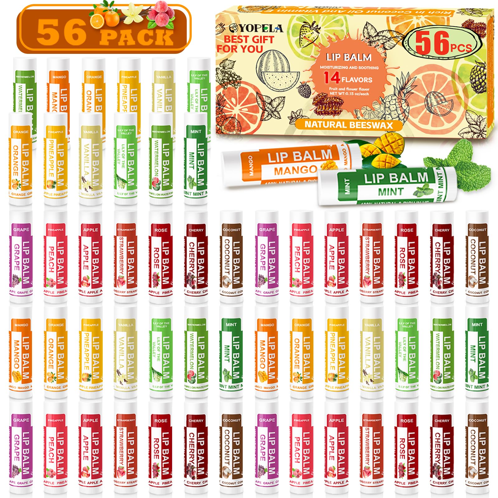 Yopela 56 Pack Natural Lip Balm in Bulk with Vitamin E and Coconut Oil - Moisturizing, Soothing, and Repairing Dry and Chapped Lips - 14 Flavors -