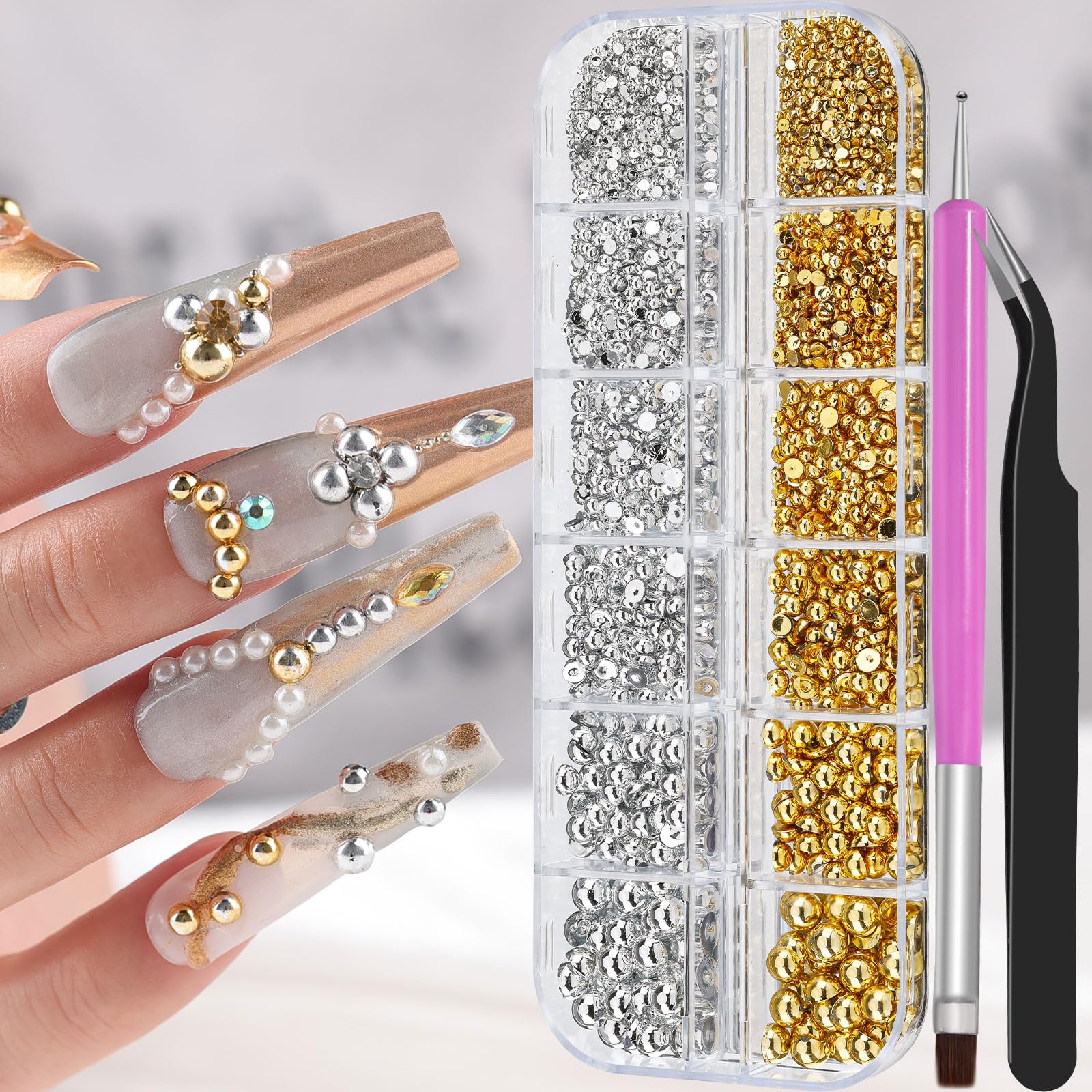 Gold and Silver Nail Charms and Gems, 1.5-5mm Half Round Flatback Nail Pearls Ball Beads Silver Gold Pearls for Nails with Pickup Pencil and Tweezers