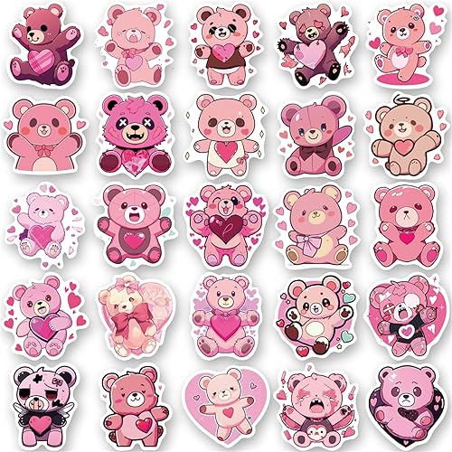 Miniatura 5 de Paquete de 50 calcomanías Kawaii de oso rosa para niños y niñas, vinilo de oso de dibujos animados, impermeables, calcomanías y calcomanías para