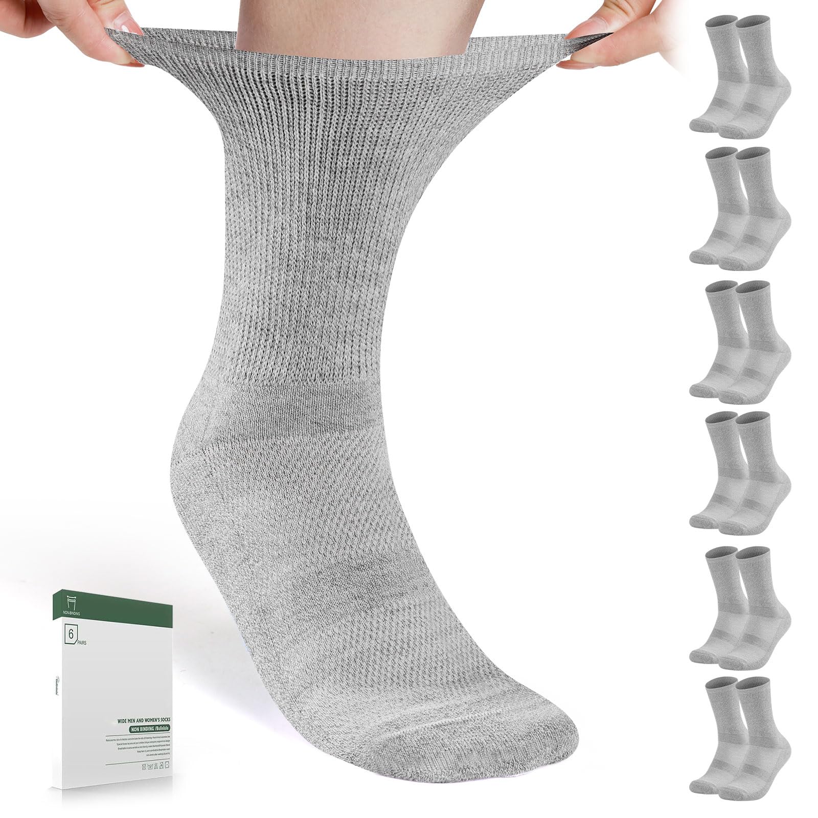 Bulinlulu Diabetic Socks for Men Women,6 Pairs Non Binding Crew Diabetic Neuropathy Socks with Seamless Toe Size 9-12 13-15