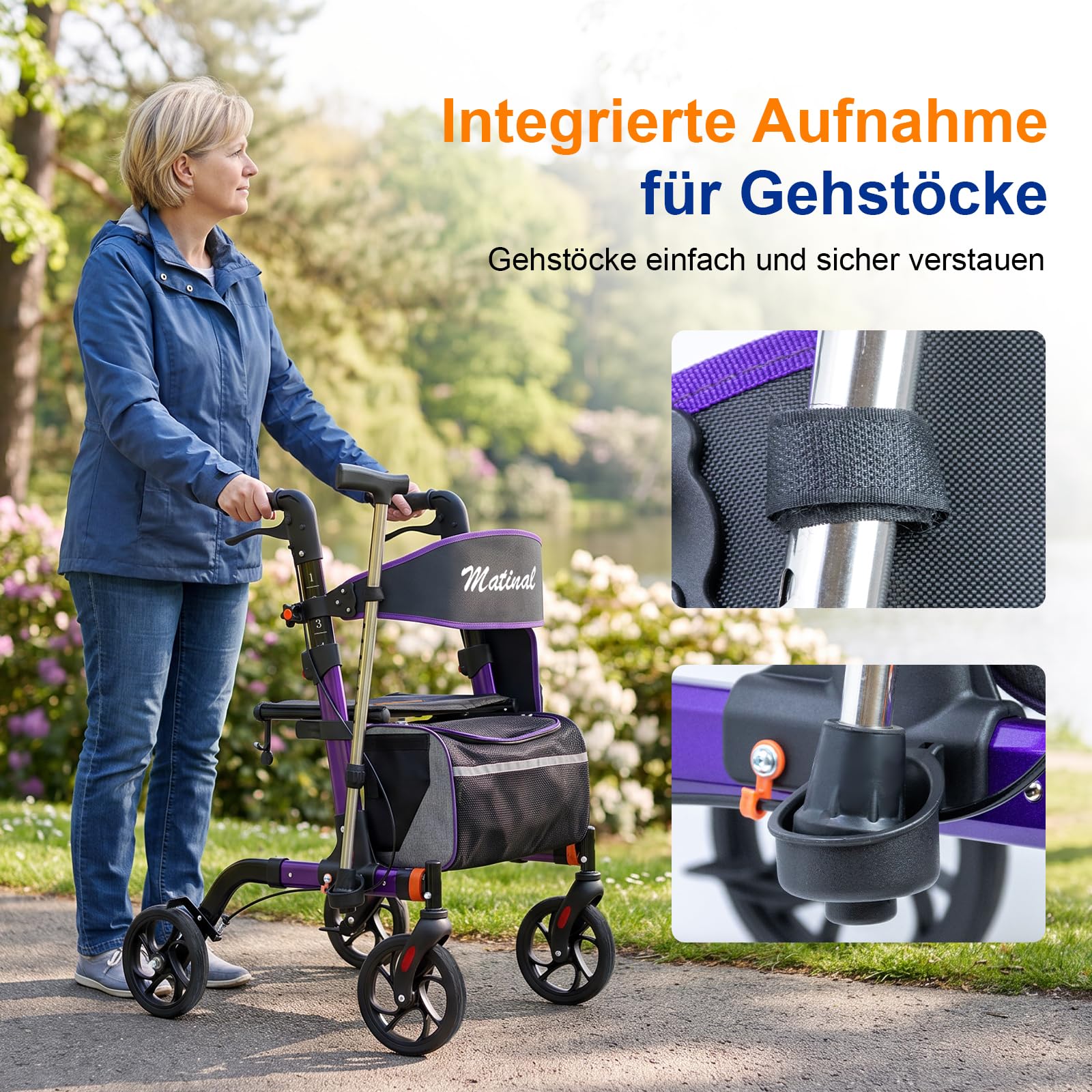 Andadores para personas mayores, andador con asiento, capacidad de carga de 159 kg, asiento grande (46 cm), ruedas de 20 cm, 6 niveles de ajuste de altura, andador con marco de aluminio ligero para