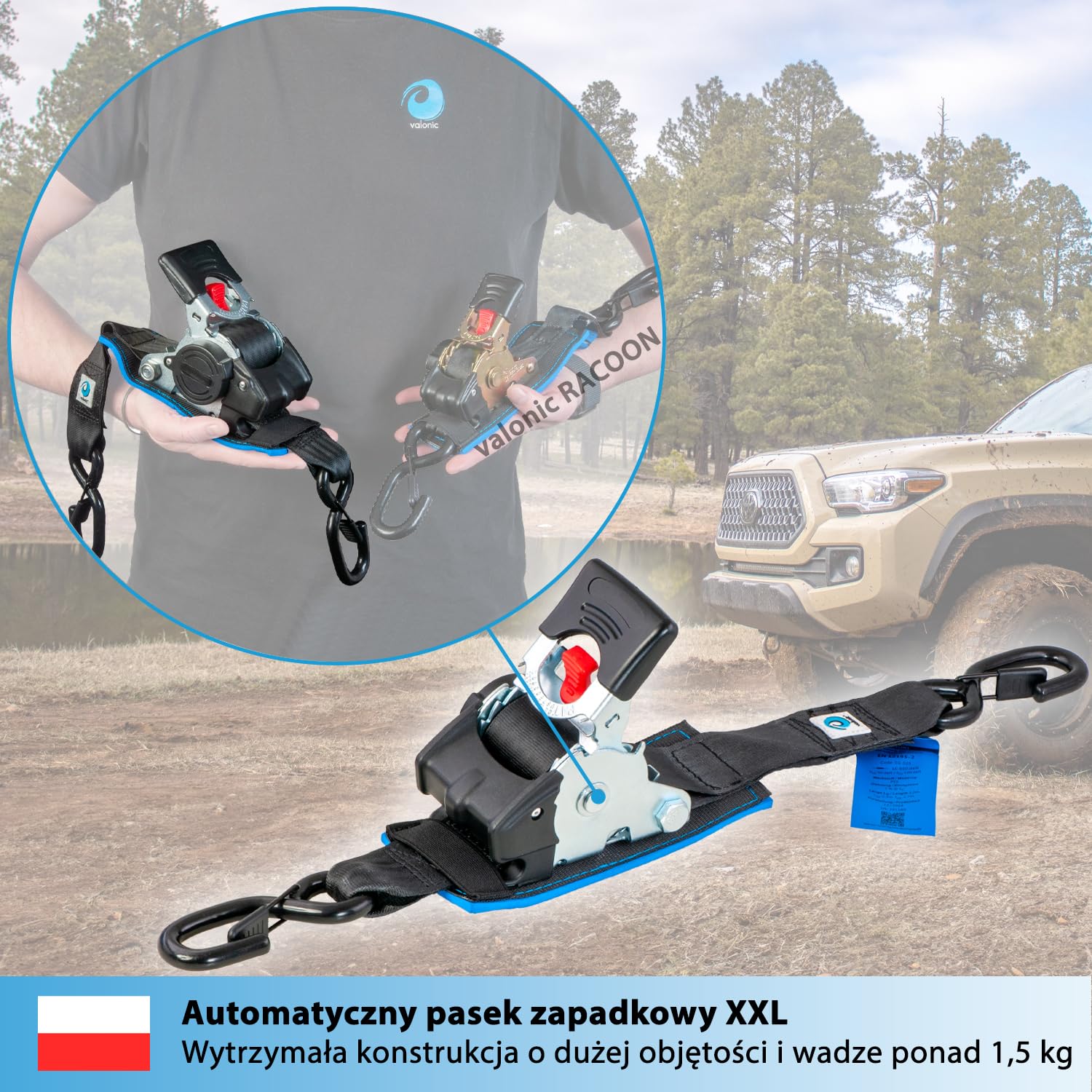 valonic TANUKI - 2x 3m XXL automatic ratchet tension strap, 50mm, 650/1300 Kg, wyściełany, EN-12195-2 - z grzechotką, czarny, pasek napinający do motocykli