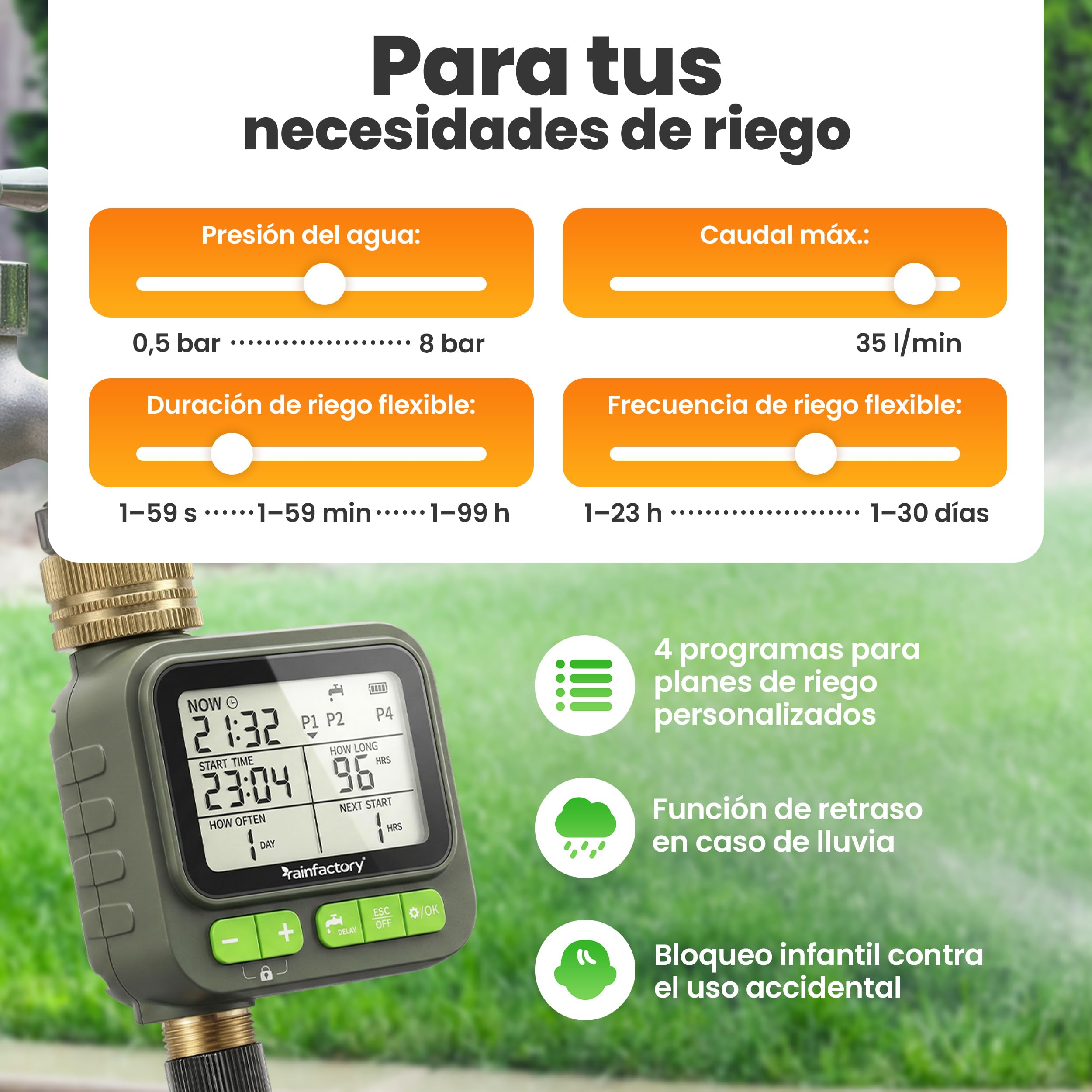 rainfactory - Programador de riego automático 1 Salida, Temporizador riego a Pilas IP65 con Pantalla LCD, 4 programas, Manual, función delay, conexión ¾ para jardín, balcón, macetas, riego por Goteo