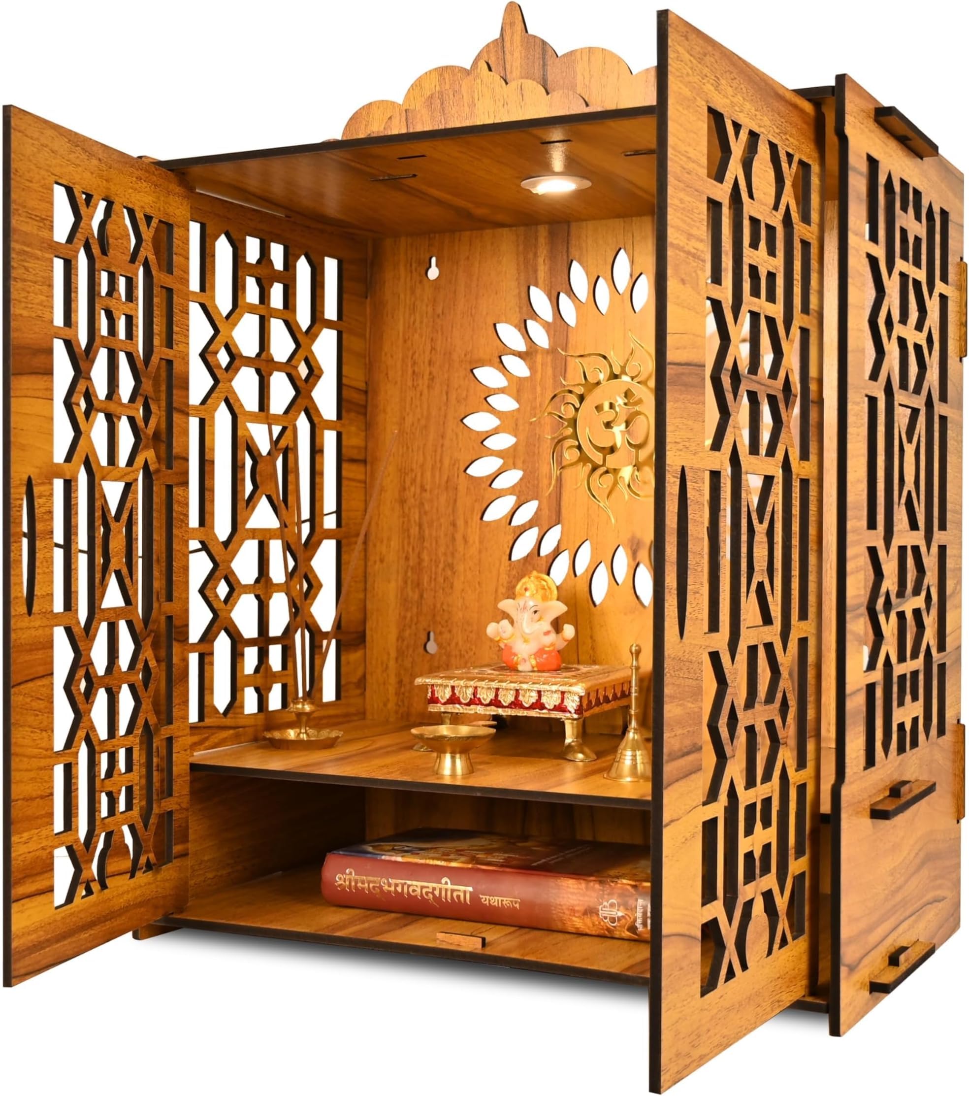 Photo 1 of Naraniya Creation Temple Mandir for Home with Door | Wooden MDF, Assembly Required | Pooja Unit with Storage Space | LED Light and Wall Mounts | Pooja Mandir for Home 21.2x16.5x10.2 inch