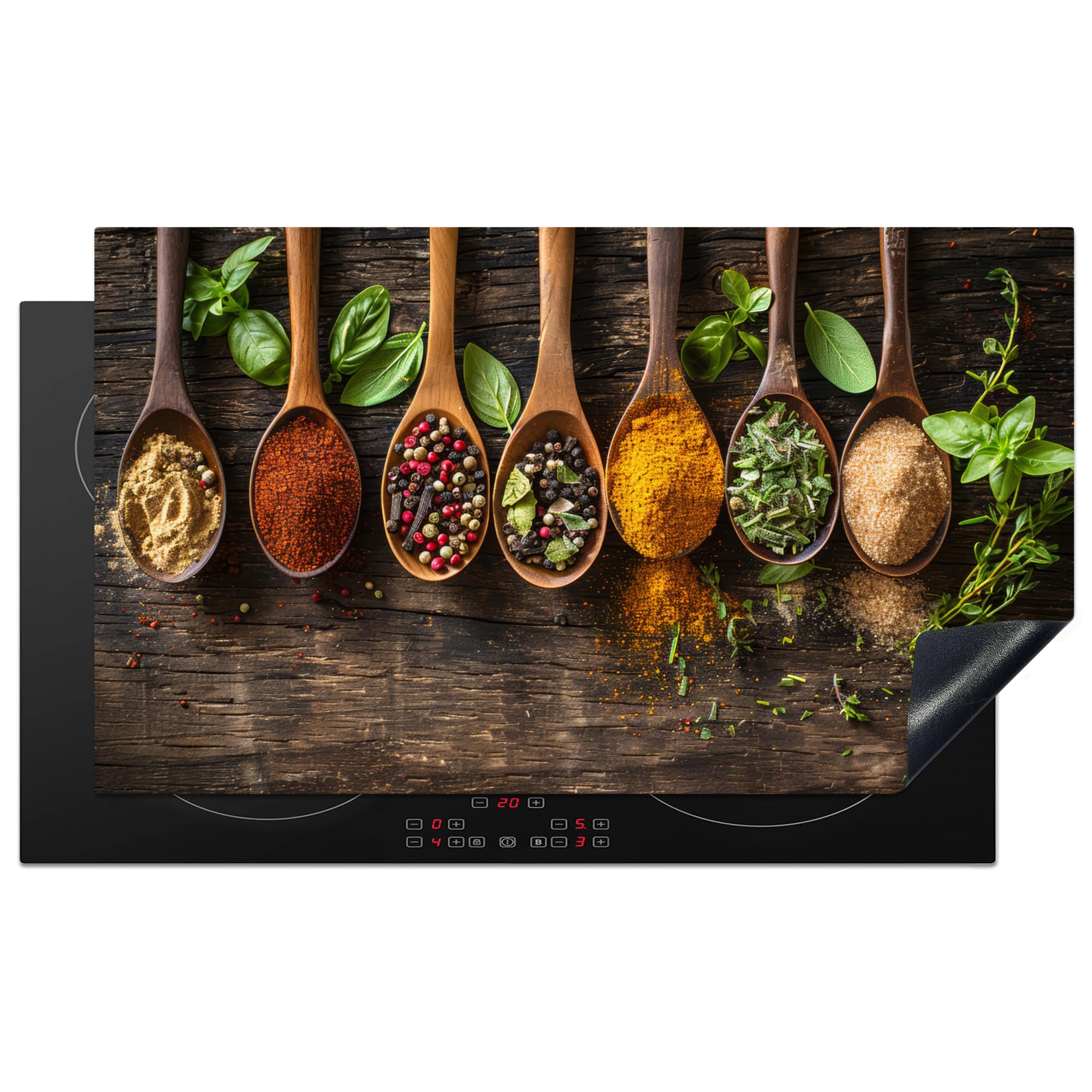 KitchenYeah© Induction Hob Protector Mat 20.5"x35.4" / 90x52 cm Stove Cap Top Cover Kitchen Cooker Covers for Electric Hobs Vinyl Herbs - Spices - Spoon - Leaves - Wood Print - Still Life