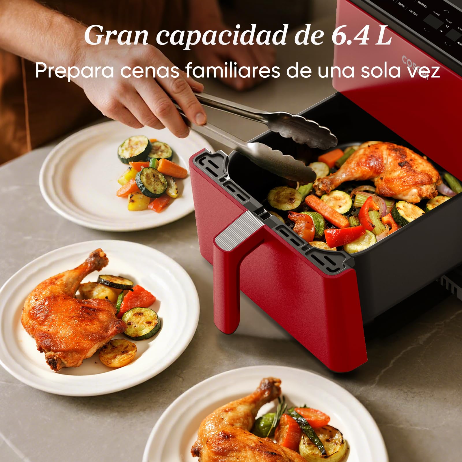 Cosori Freidora de Aire Dual Blaze 6,4L, Doble Resistencia, 11 Modos, WIFI | Inteligente con APP, Tiempo y Temperatura Ajustables, 90+ Recetas en Español por Chefs en App, Apta para Lavavajillas, Rojo
