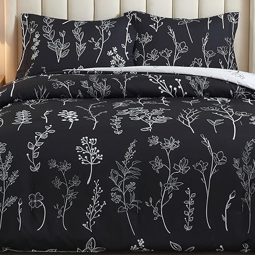 Miniatura 5 de Juego de edredón floral blanco y negro tamaño Queen  Juego de ropa de cama botánica reversible con bonitas flores y plantas para mujeres y niñas,