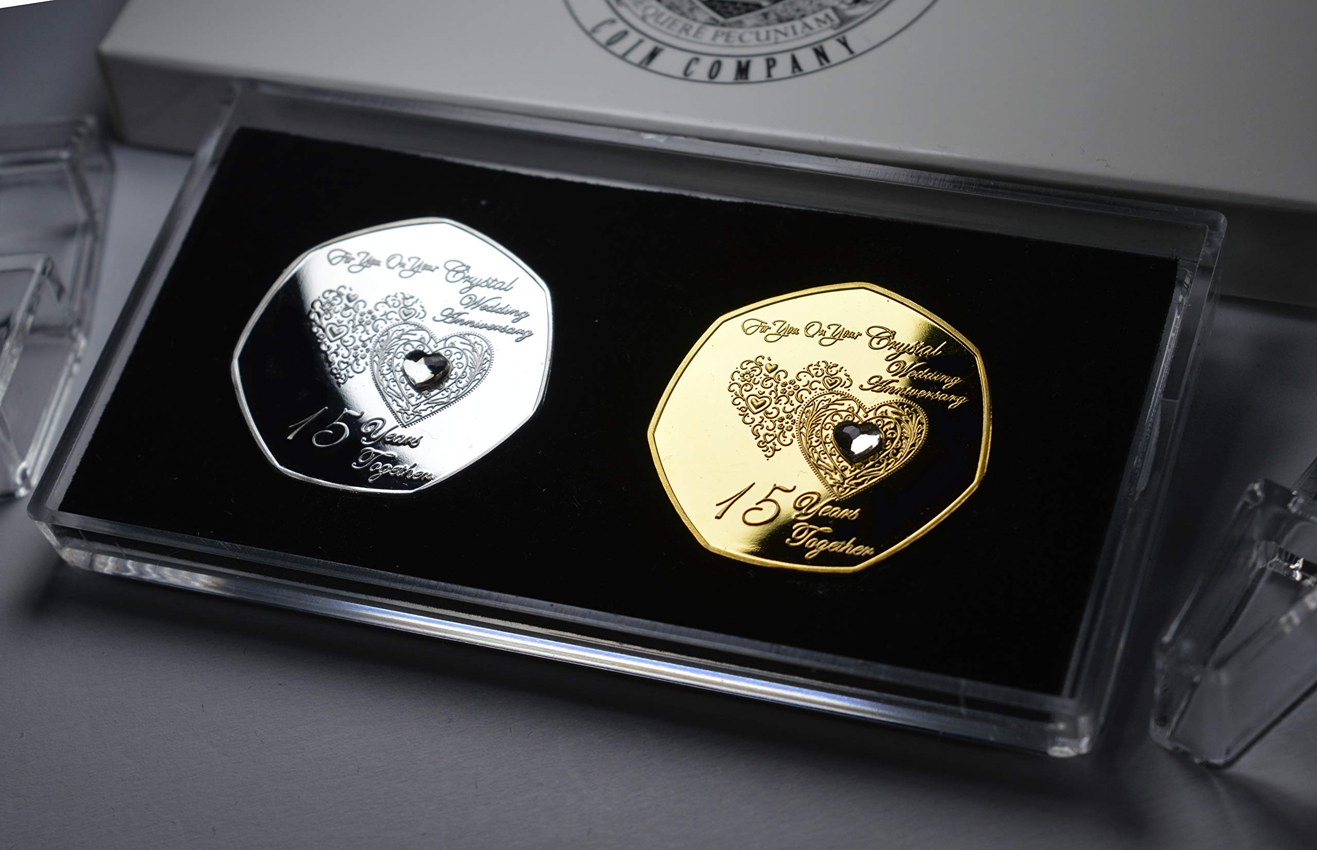 The Commemorative Coin Company Silver/Gold Pair Of 15Th Crystal Wedding Anniversary & 24Ct Commemoratives With Diamante Gemstones. Display/Presentation Stand & Gift Box. Gift/Present