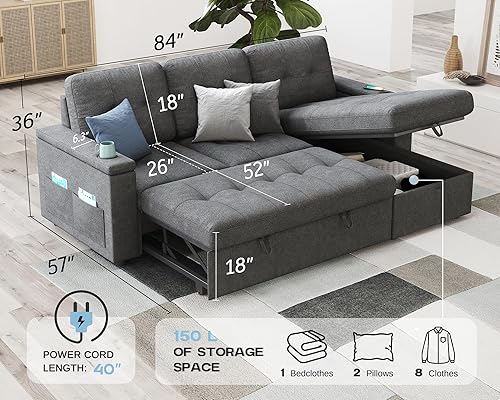 Miniatura 2 de PaPaJet Sofá cama de 84 pulgadas, sofá cama extraíble copetudo con 2 puertos USB y portavasos, sofá cama modular en forma de L con diván de