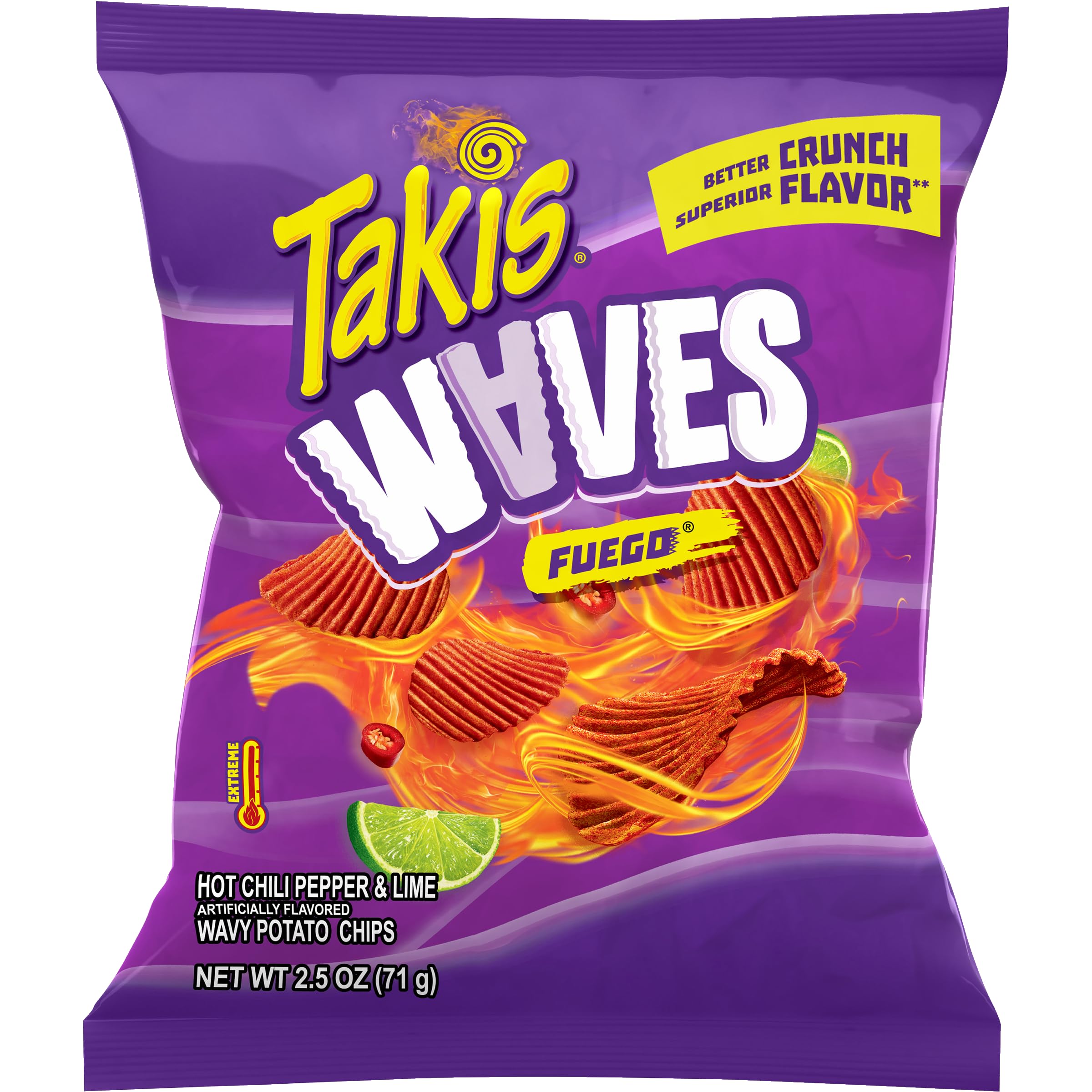 Takis Waves Fuego Hot Chili Pepper & Lime Potato Chips 71 gm (Pack of 6)