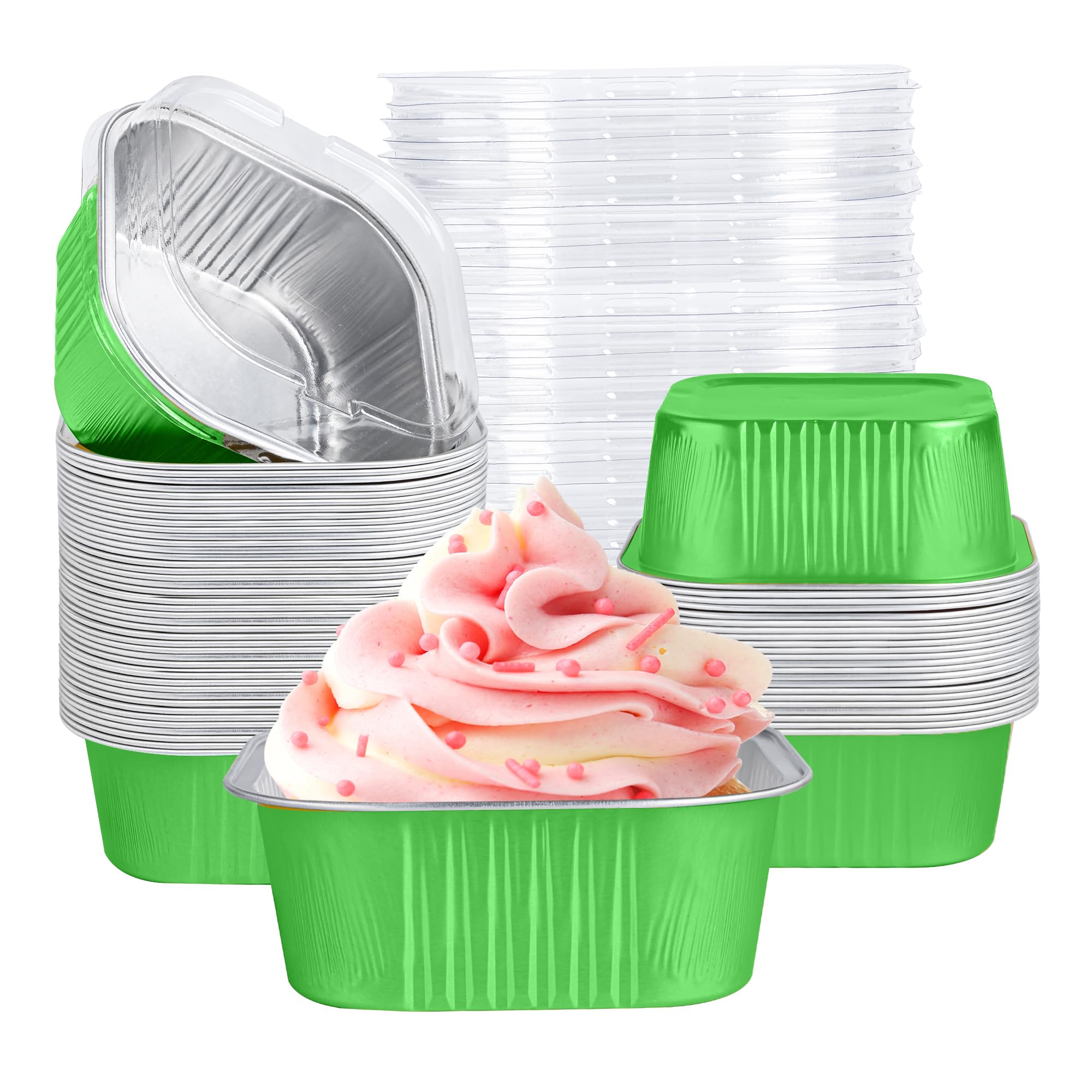 Photo 1 of 40 Pack Mini Cake Pans with Lids, 5oz Square Aluminum Foil Brownie Baking Cups, Muffin Tin Ramekins, Disposable Dessert Cupcake Cups for Wedding Birthday Party, green