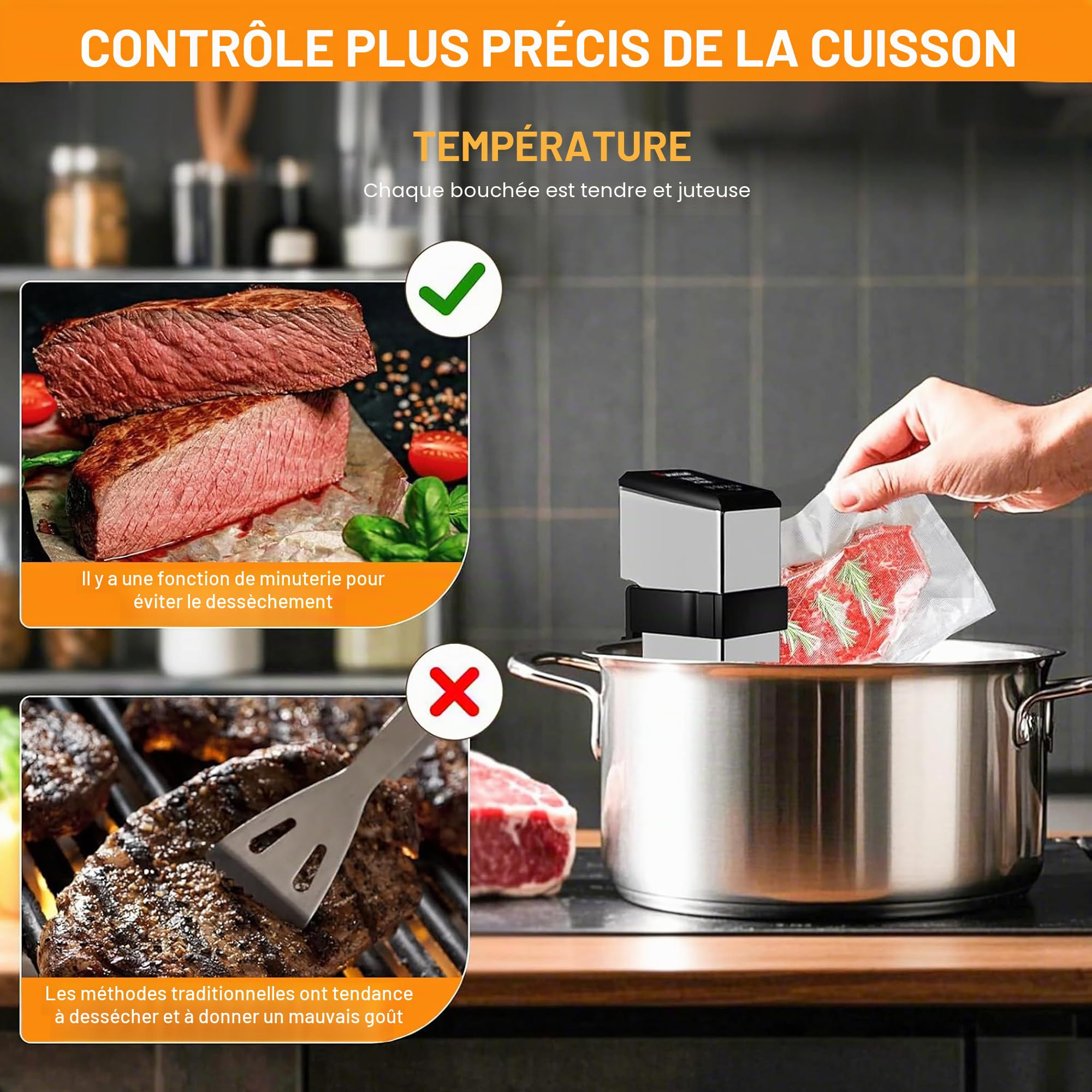 Thermoplongeur sous Vide, Cuisson au Bain-Marie Professionnel Jusqu’à 70 L, Cuisson sous Vide à Température Ambiante, Écran LCD avec Panneau de Réglage, 1600 W
