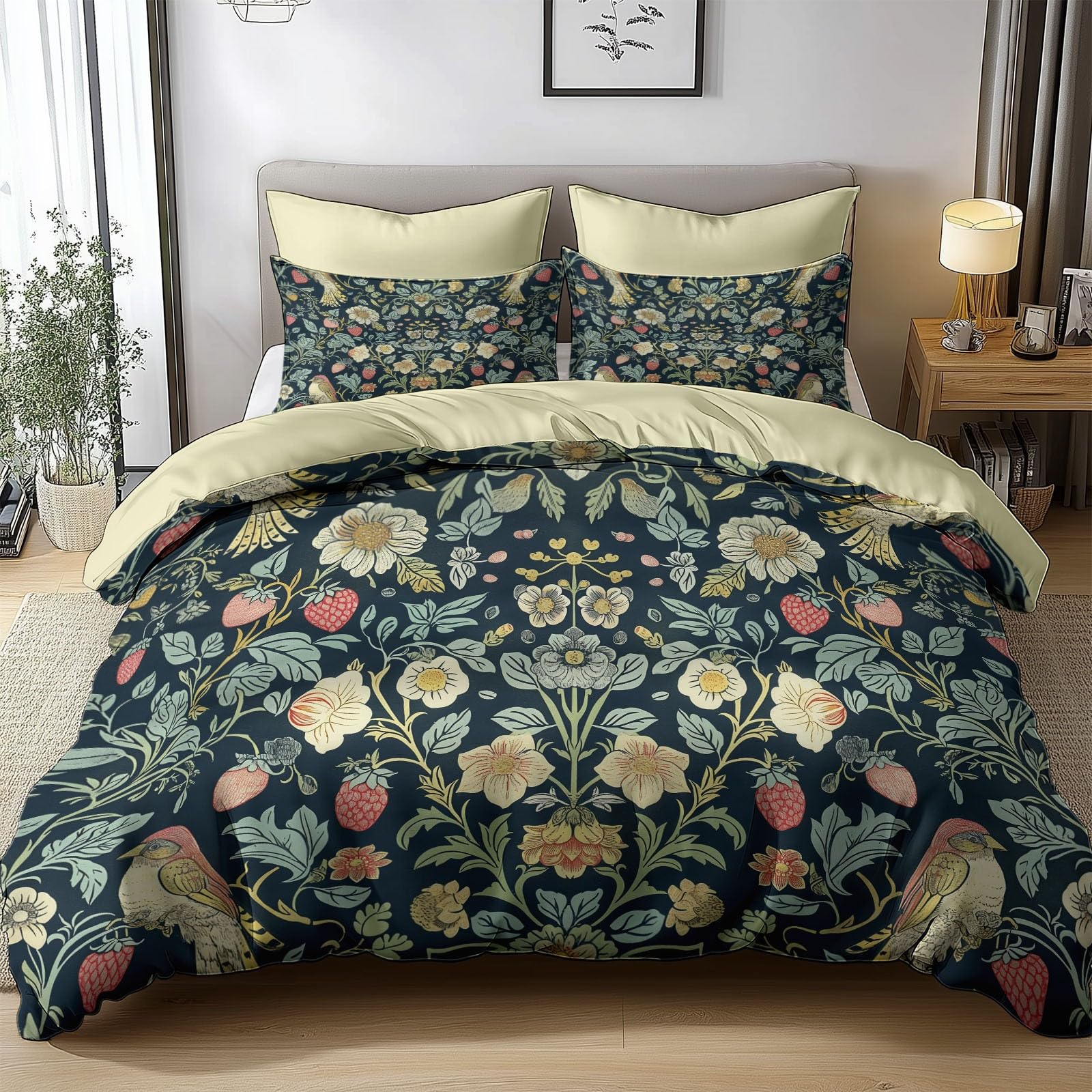 3D Printed Reversible Duvet Cover Set William Morris Birds Strawberry 3 Pieces Bedding, Reversible Soft Easy Care Duvet Cover Set 260x220cm with Zipper Closure, Everyone All Season Bedding Set
