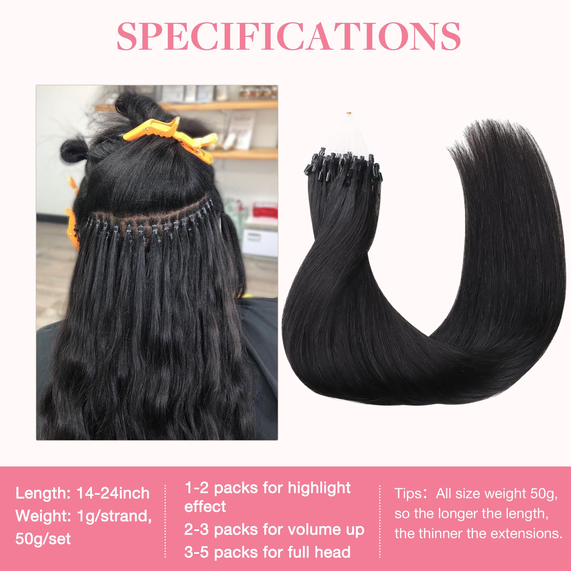 GOO GOO Micro Loop Hair Extensions Real Human Hair, Jet black 50g 14inch 50 Strands Cold Fusion Micro Bead Extensions - Image 3