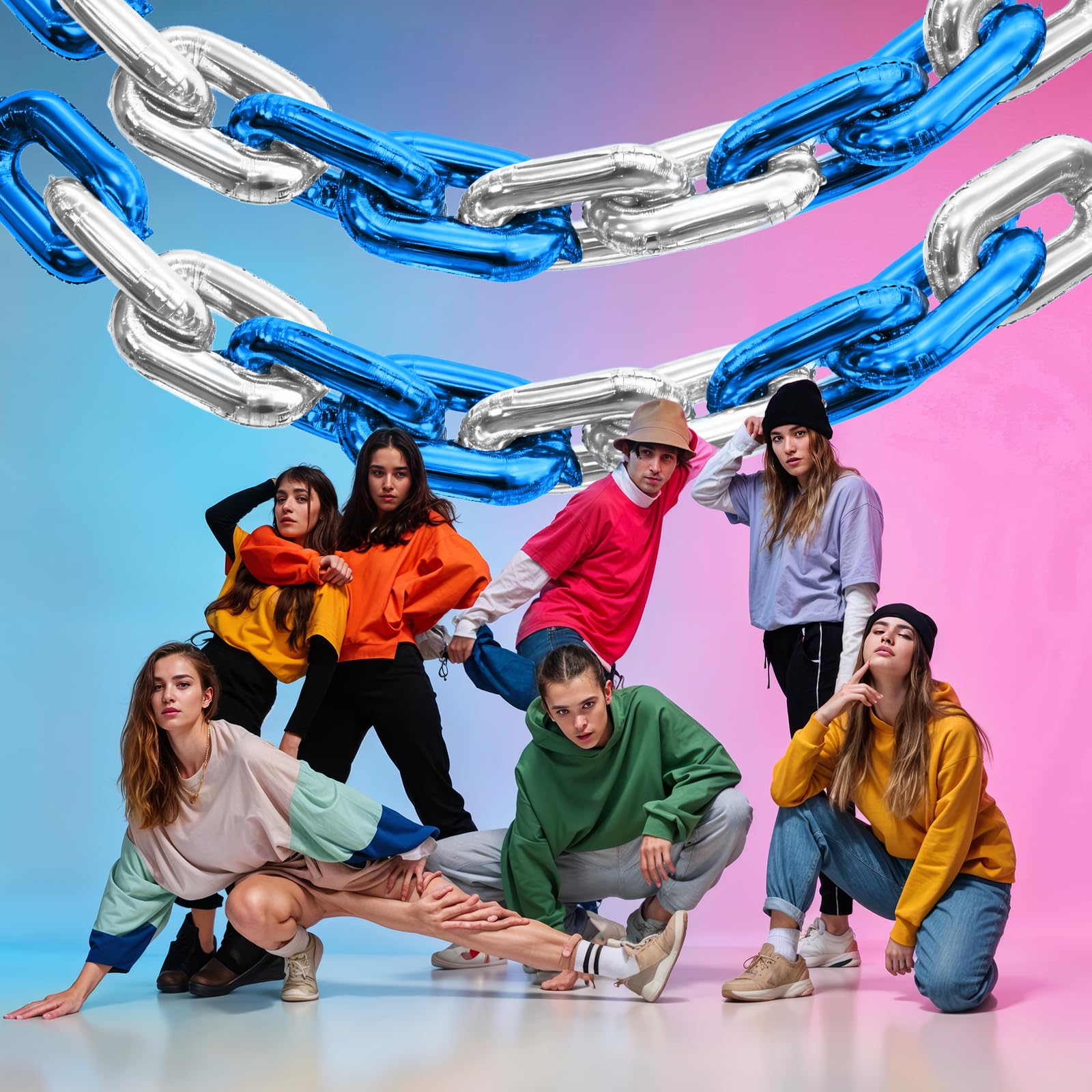 Blue Silver Chain Balloons, 24PCS Giant Chain Foil Balloons Garland for 80s 90s Hip Hop Party Decorations - Image 4