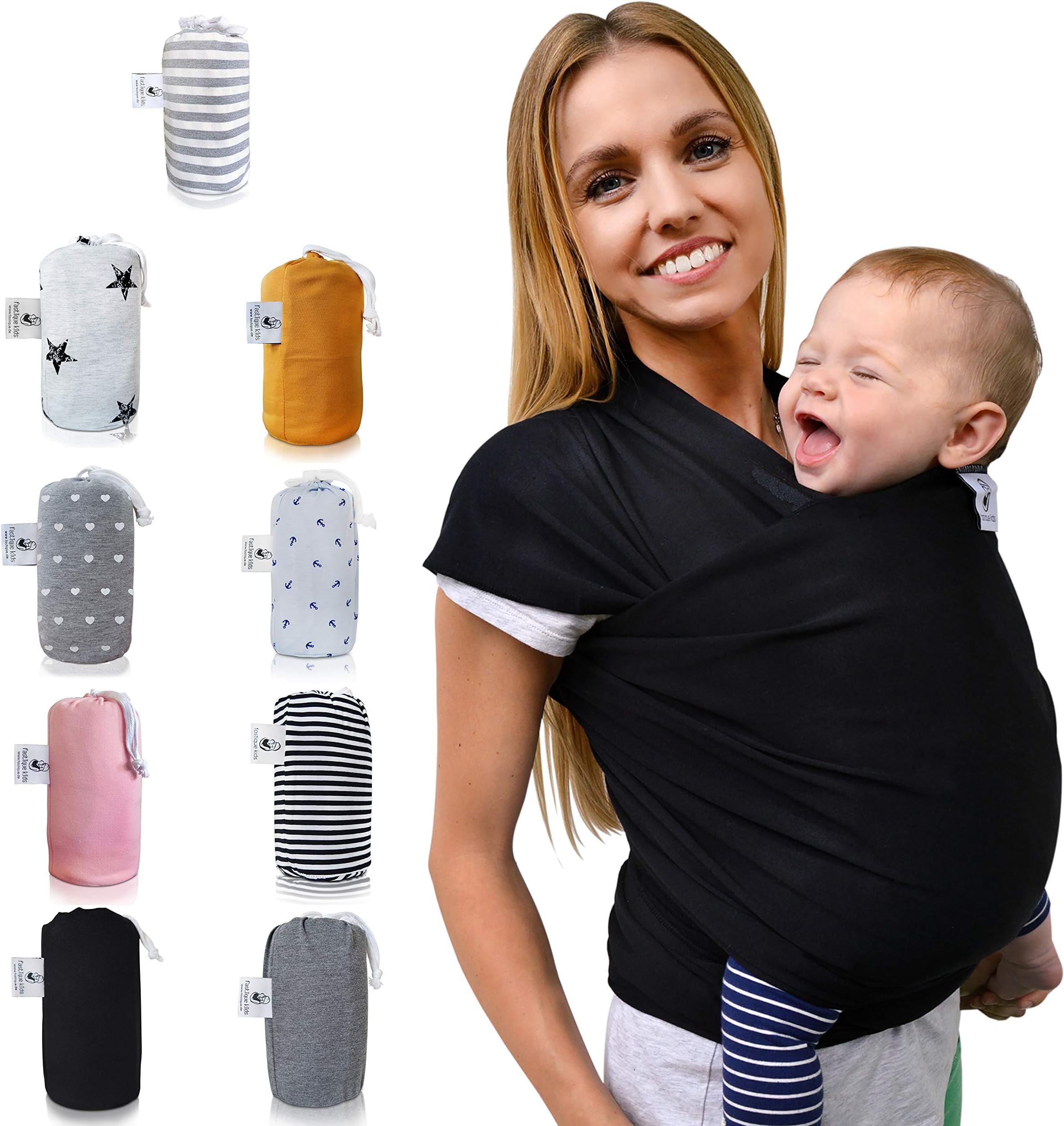 Baby Wrap Sling »Fastique Kids« | Baby Carrier Multiple Positions Soft and Lightweight | Sling for Newborn Toddlers & Infants from Birth + Free eBook (Black)