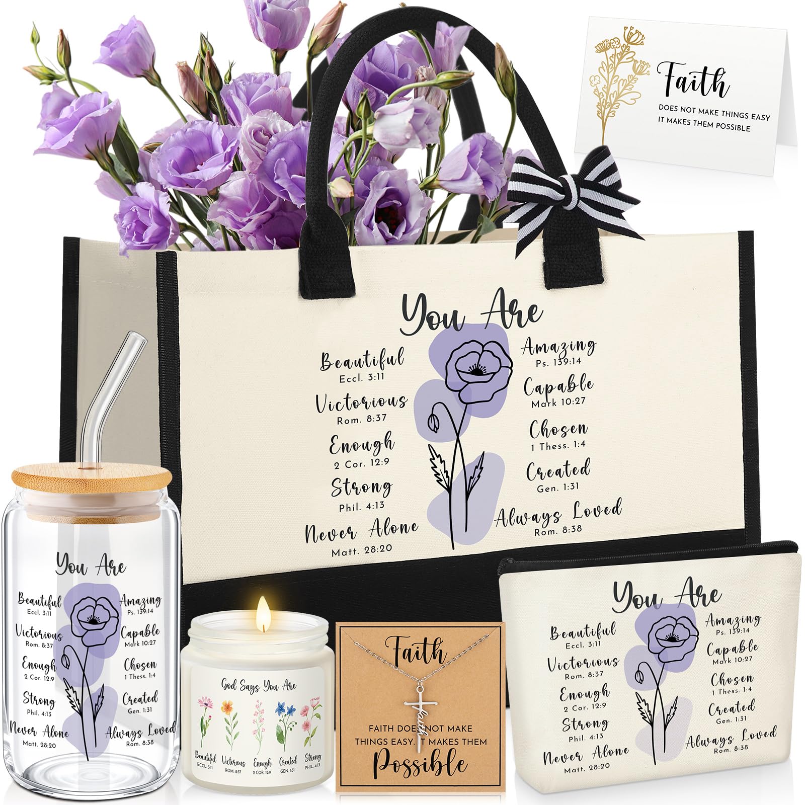 6 Pcs Christian Gifts for Women Faith Set Mother's Day Religious Gift for Women with Tote Bag Makeup Bag Candle Cross Necklace Cup Greeting Card for Church Grad Birthday(You are,Purple)