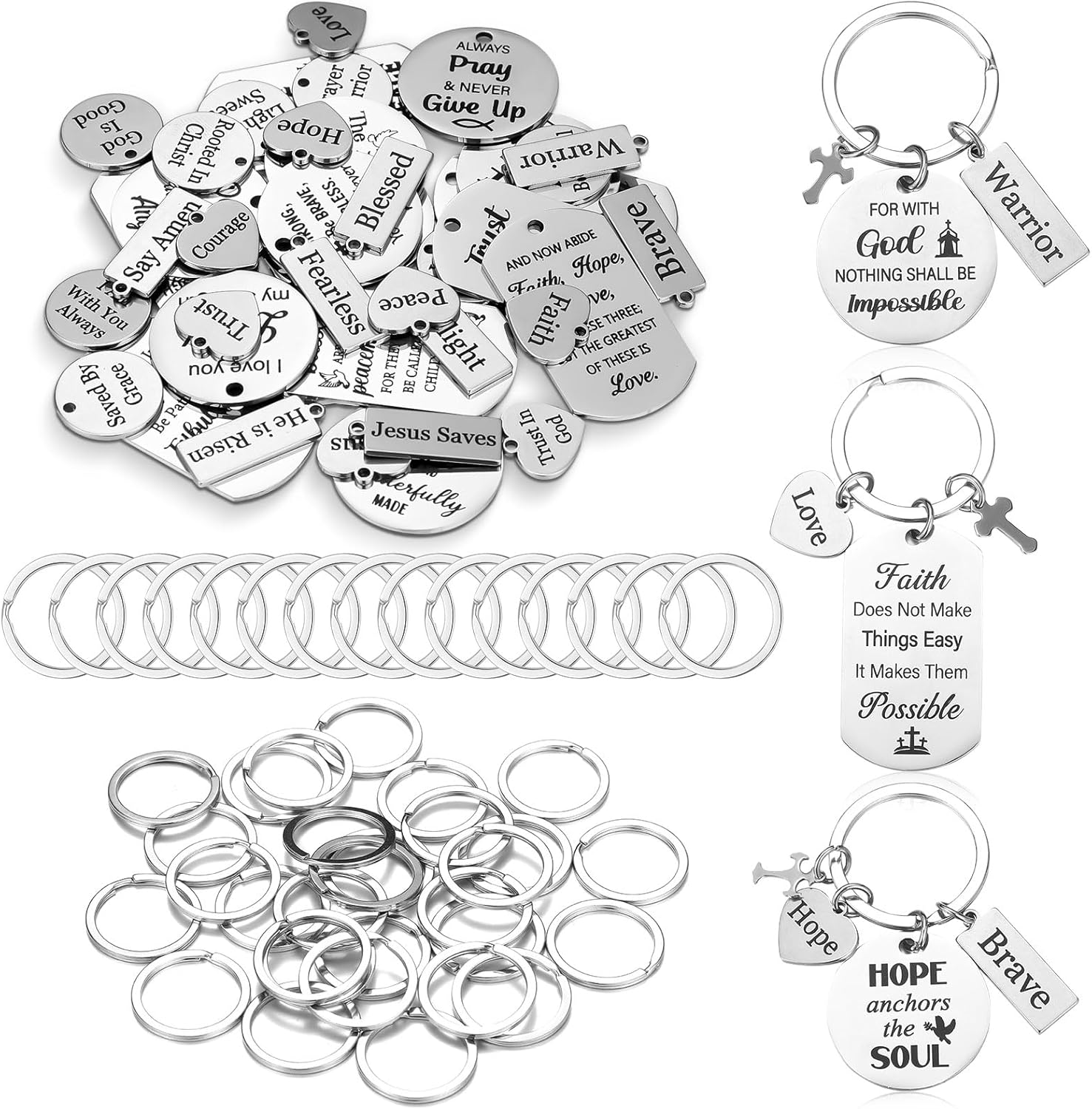 285 Pcs Inspirational Words Charms Bulk for Keychain Motivational Keychain Jewelry Making Supplies with Open Jump Rings Key Rings for Women DIY Necklaces Bracelets Appreciation Gift