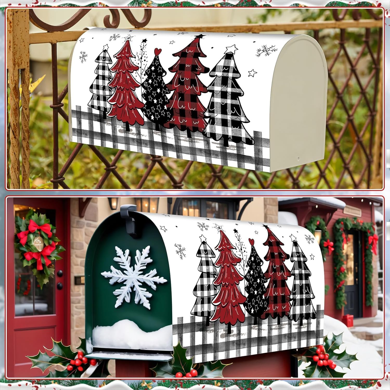 QOUBAI Christmas Buffalo Plaid Mailbox Cover Magnetic Standard Size 18x21in Winter Xmas Tree Mailbox Wrap Holiday Decoration Snowflake Post Letter Box Cover for Home Garden Outdoor Decor