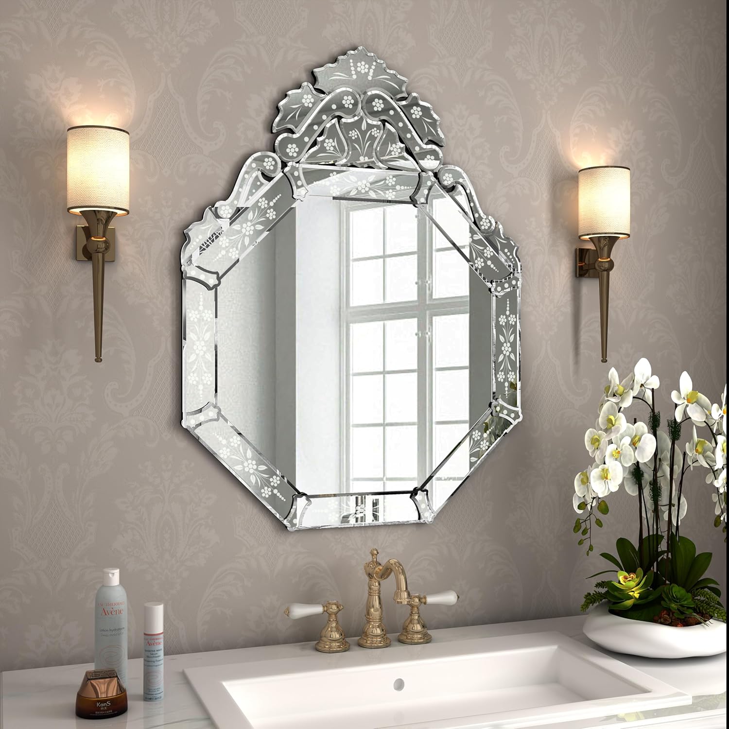 KOHROS Venetian Wall Mirror with Floral Etched Frameless Beveled Octagonal Shape Vanity Mirror 31.5 x 23.6 inch Bathroom Mirror for Over Sink Perfect for Bedroom Dressing Room