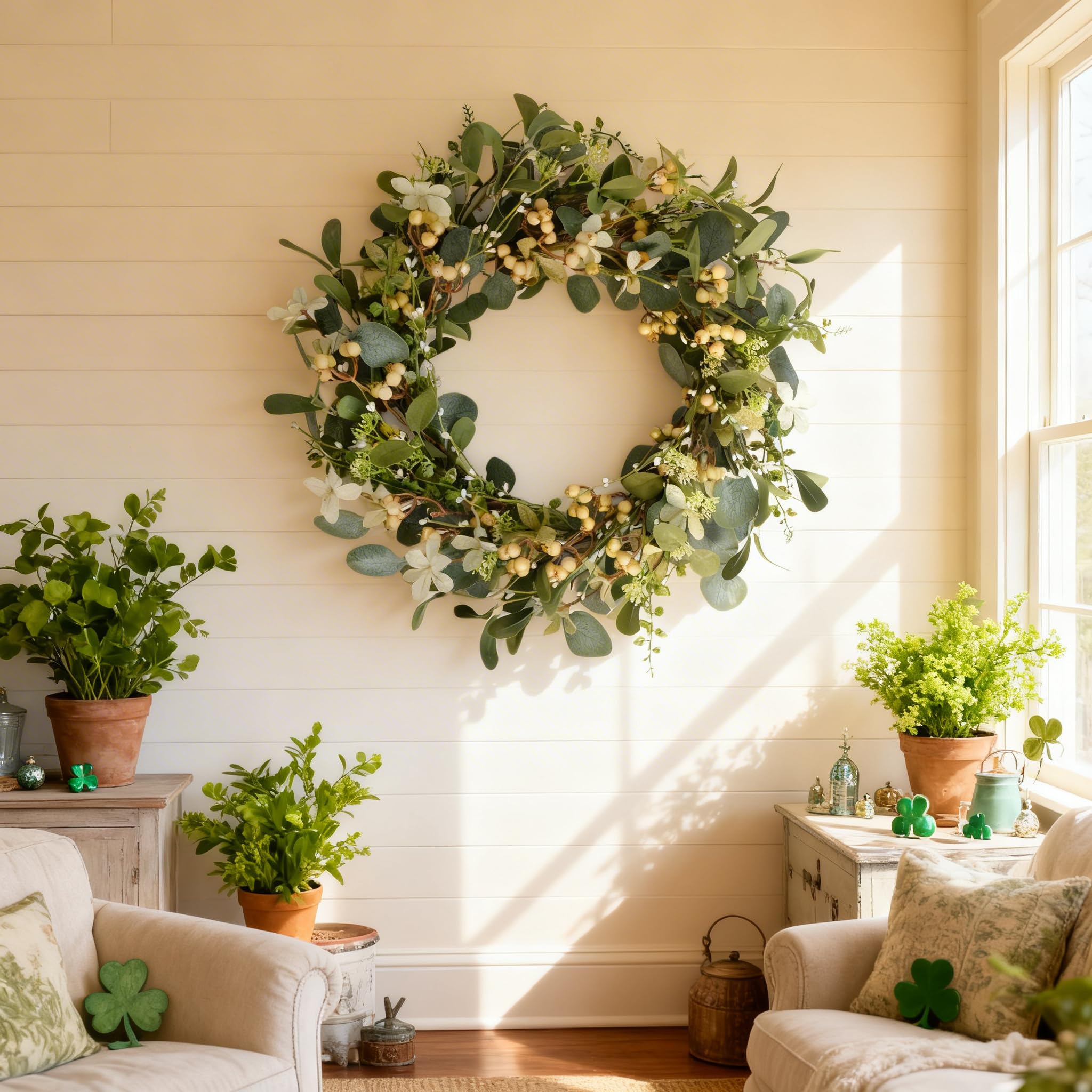Künstlicher grüner Eukalyptus-Kranz, Beerenkranz für Frühling, Sommer, Haustür, Fenster, hängende Wand, Party-Dekorationen (50,8 cm)