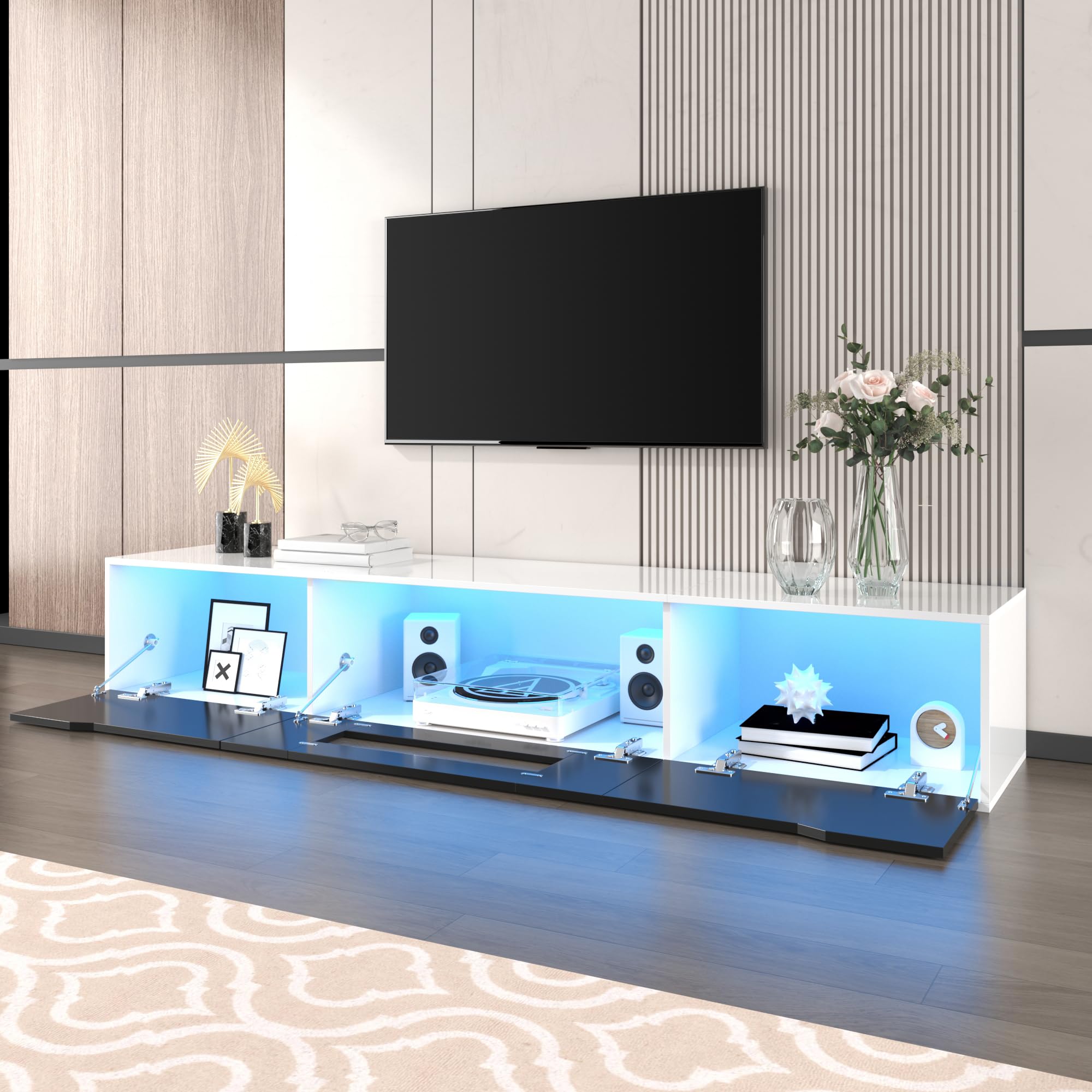 Merax Meuble TV avec éclairage LED - Meuble TV Moderne pour Salon et Salle à Manger - Noir + Blanc - 180 x 35 x 30 cm (L x l x H)