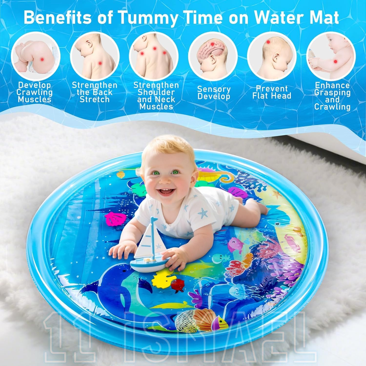 11 Ismael Extra Large Tummy Time Water Mat for Babies, Baby Water Blue Play Mat for Sensory Development, Inflatable Mat Toys for Babies Toddlers 3 6 9 12 Months, (1Pcs) 1