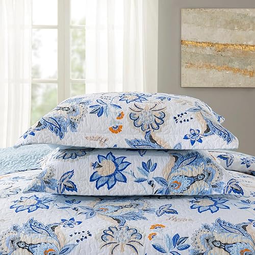 Miniatura 6 de NEWLAKE Juego de colcha de algodón, juego de colcha reversible de retazos, hermoso patrón floral, tamaño King